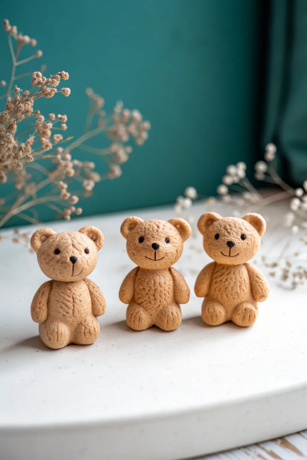 Sweet teddy bear clay minis in cozy neutrals, minimalist Scandinavian styling with a boho touch.