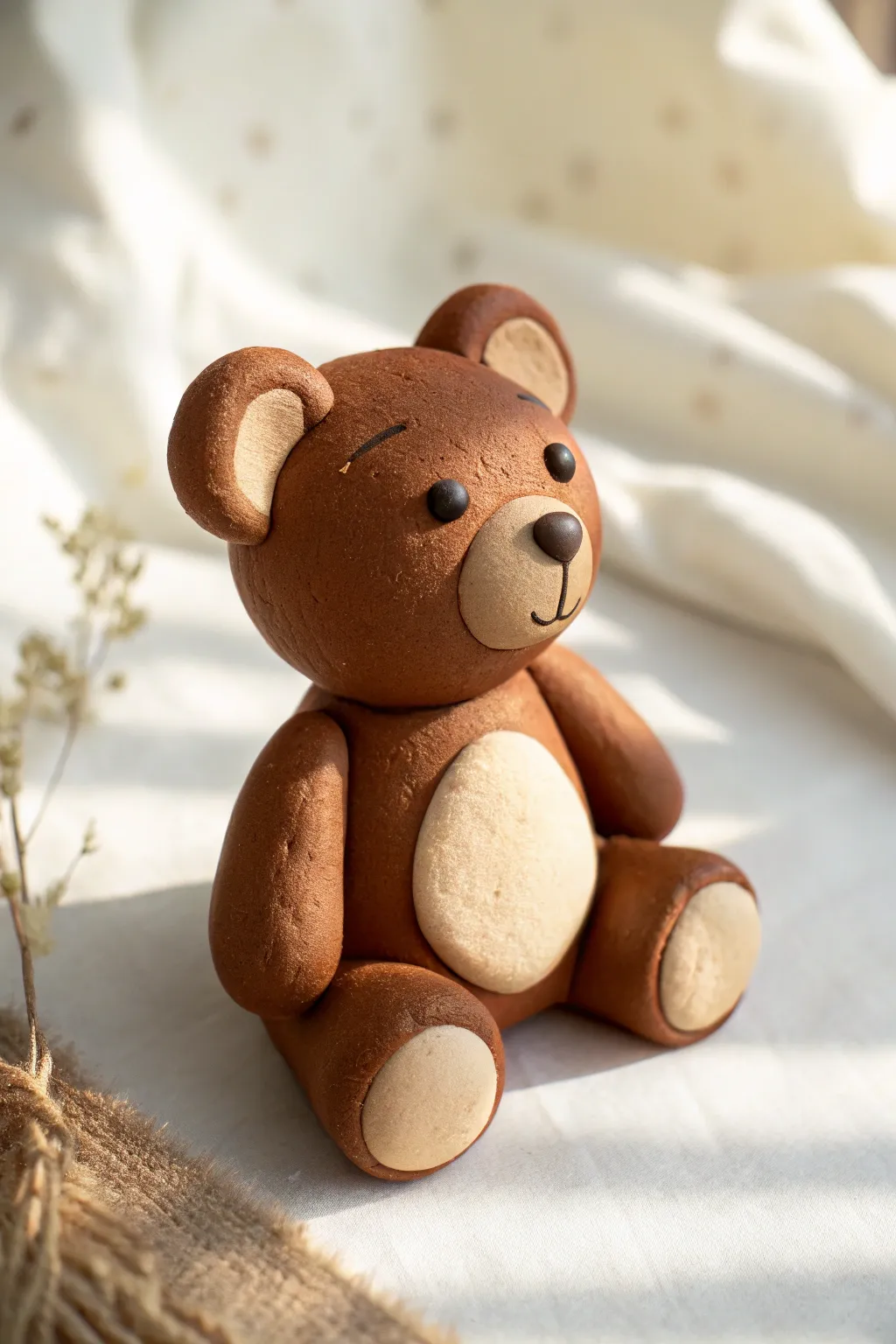 Classic clay teddy bear in warm tones, simple shapes and a cozy cream backdrop for easy DIY.