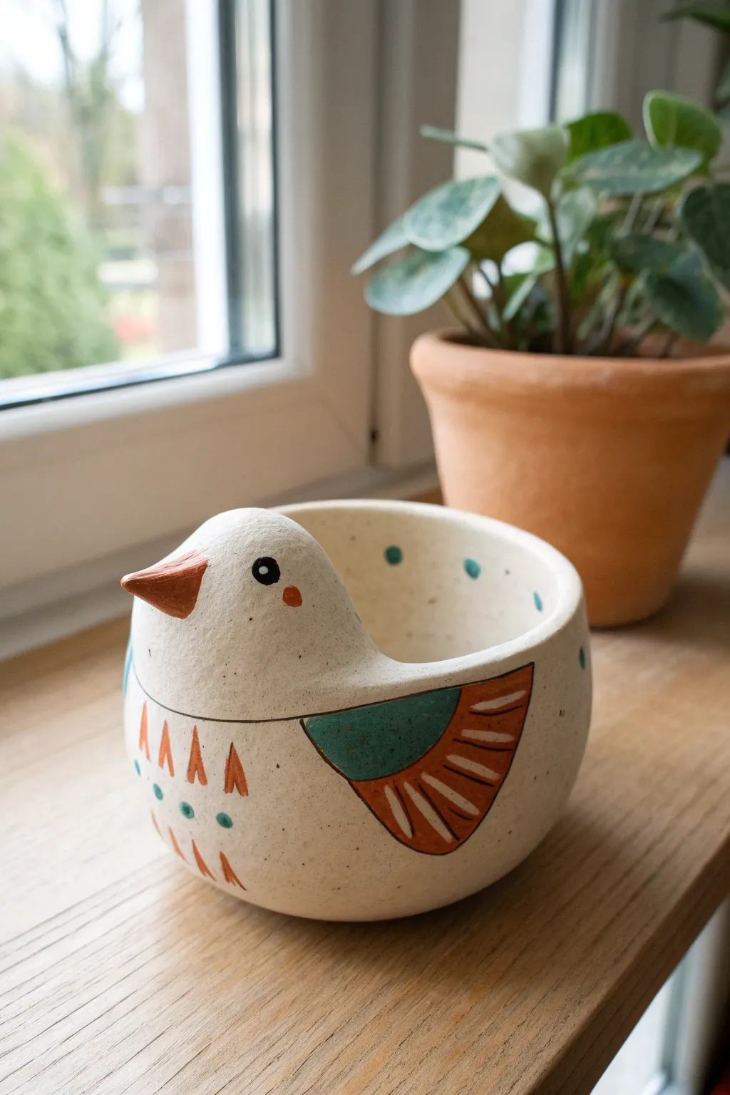 Simple bird pinch pot with an open beak rim, minimal face, and bold earthy colors.