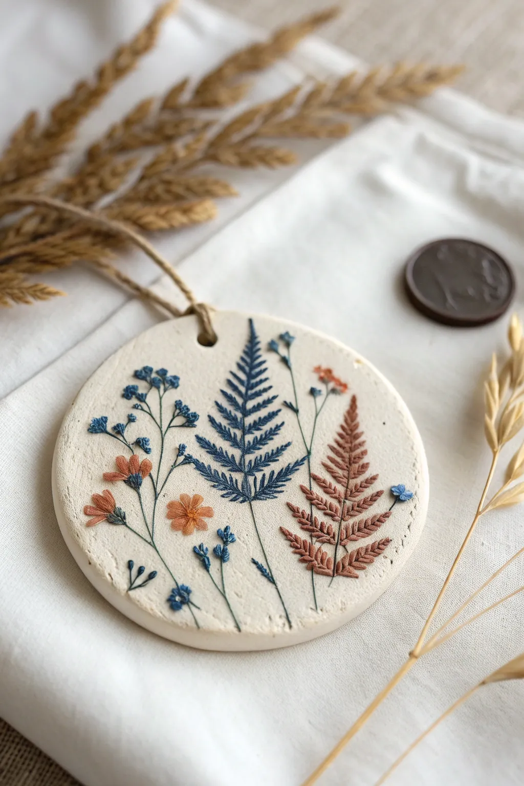 Nature print clay medallion with fern texture and gentle color wash, a simple kid friendly keepsake