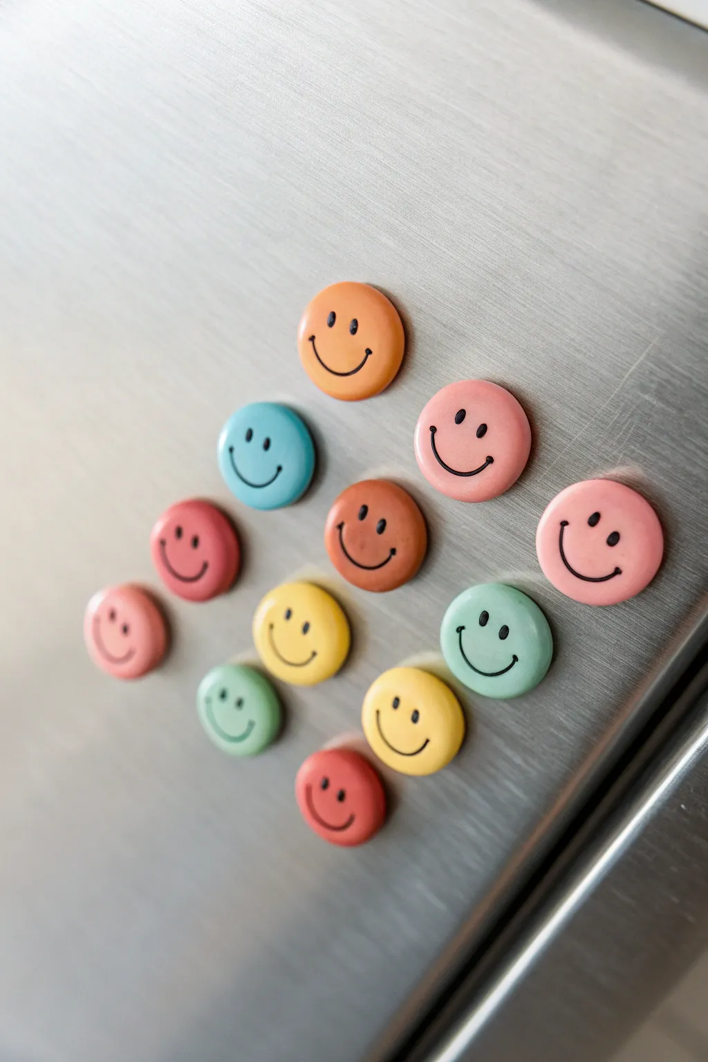 Cute handmade smiley clay mini magnets in soft pastels on steel, minimalist and boho