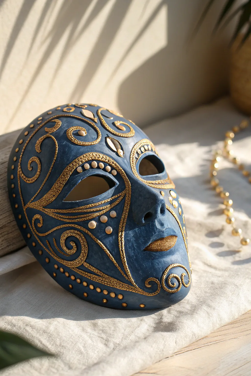 Ornate carnival-inspired clay mask with easy raised details and soft metallic accents.