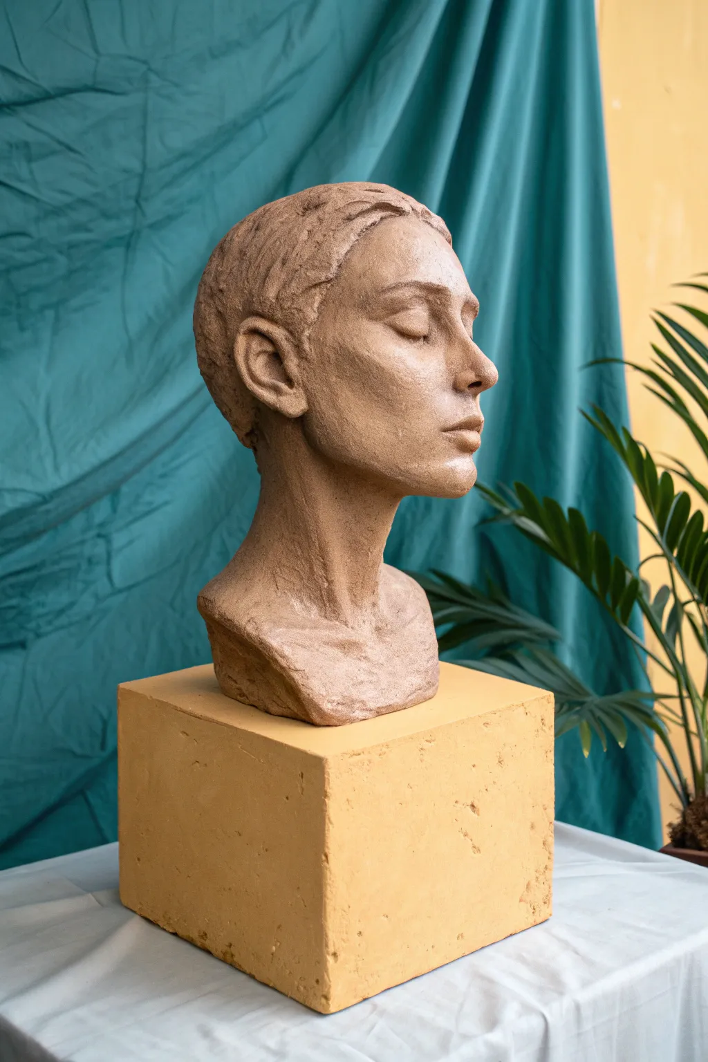 Simplified planes mini bust study in clay, clean forms and bold color for modern decor