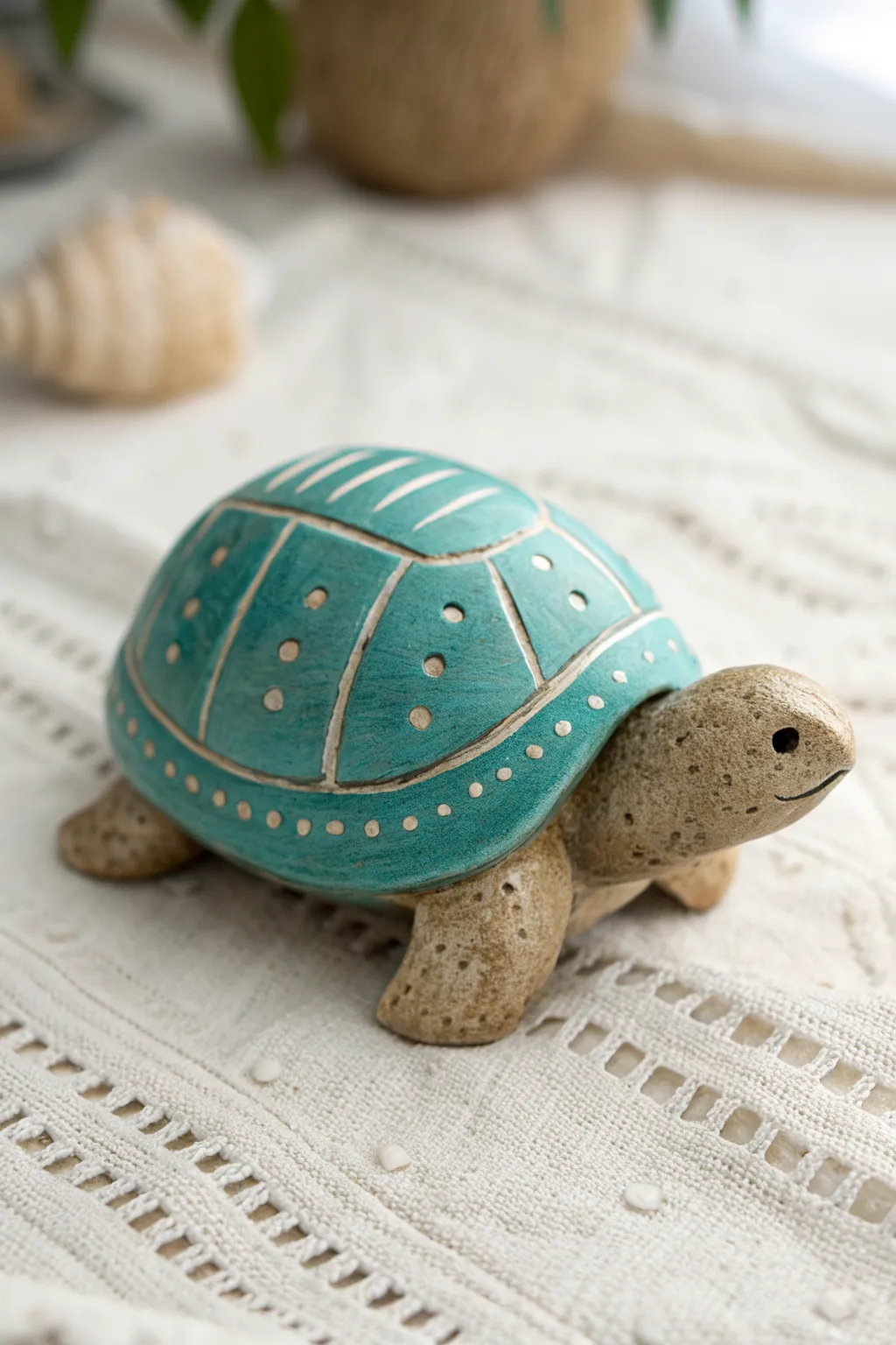 Chubby clay turtle with a textured shell, simple to make and perfect for cozy minimalist decor.