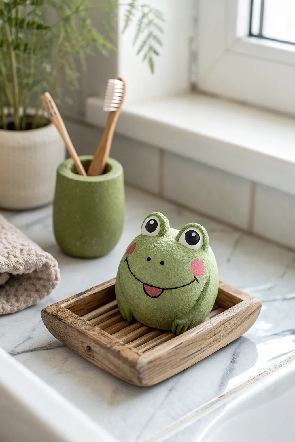 Cute green frog toothbrush holder in minimalist bathroom styling, simple, handmade, and functional.