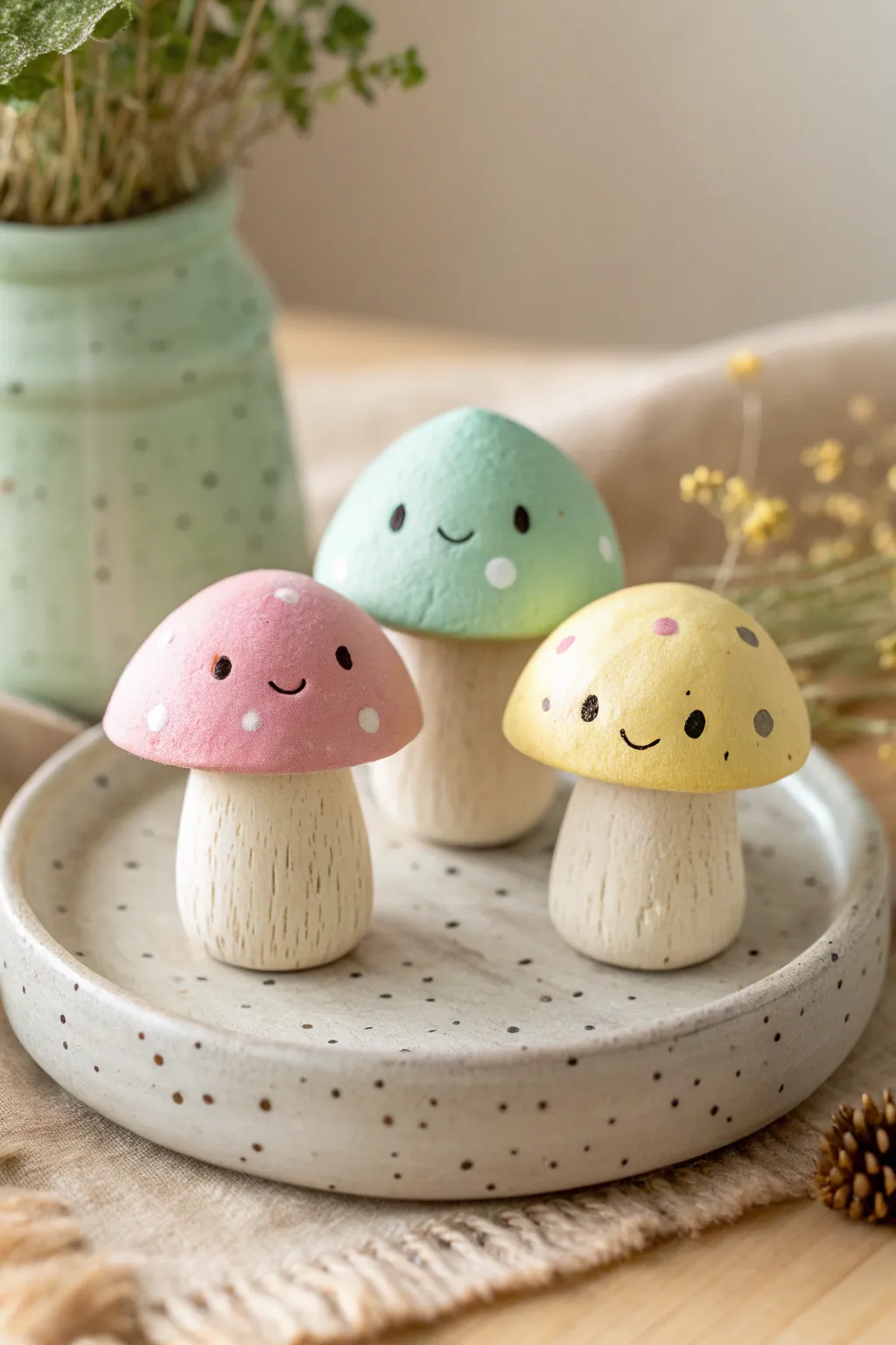 Pastel smiling clay mushrooms, a tiny mini forest decor idea for your next cute craft.