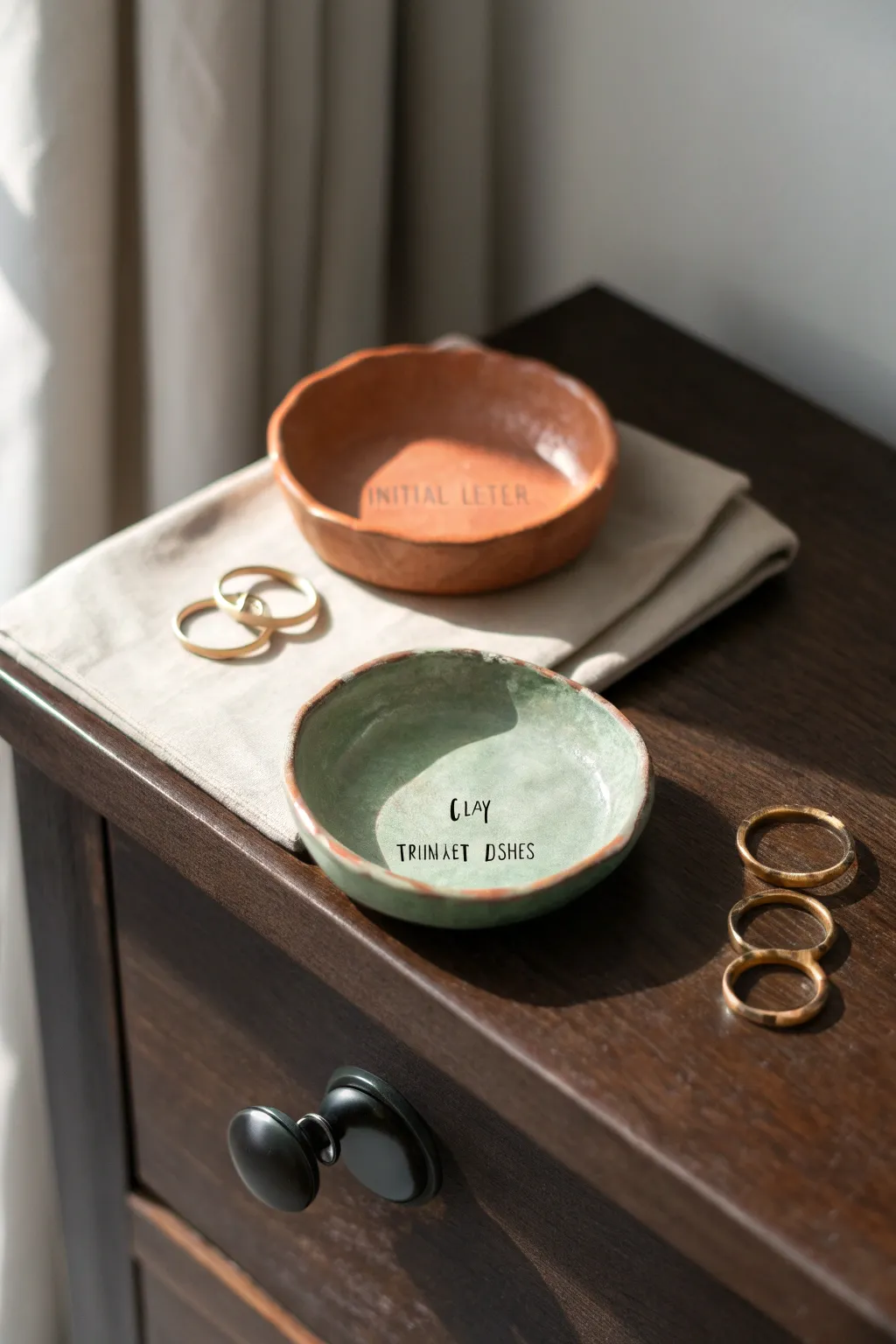 Sweet his-and-hers air-dry clay trinket dishes with initials, perfect for a cozy date night.