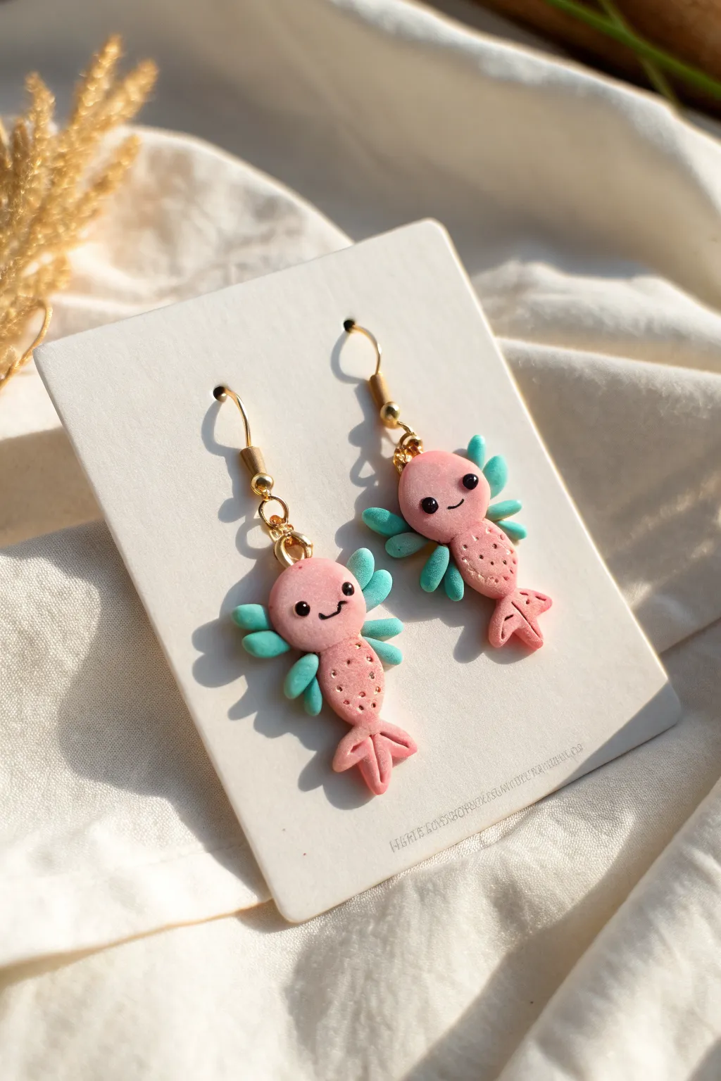 Blush pink axolotl earrings with bold turquoise gills, styled minimal and boho on a blank card