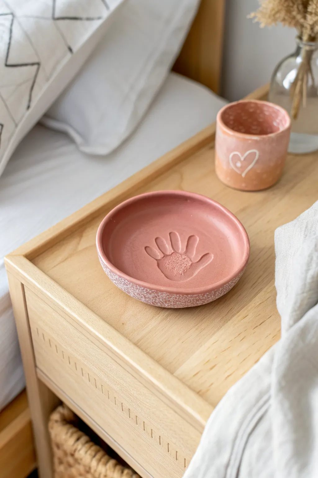 Tiny handprint trinket dish in soft blush clay, a sweet keepsake for babys first year.