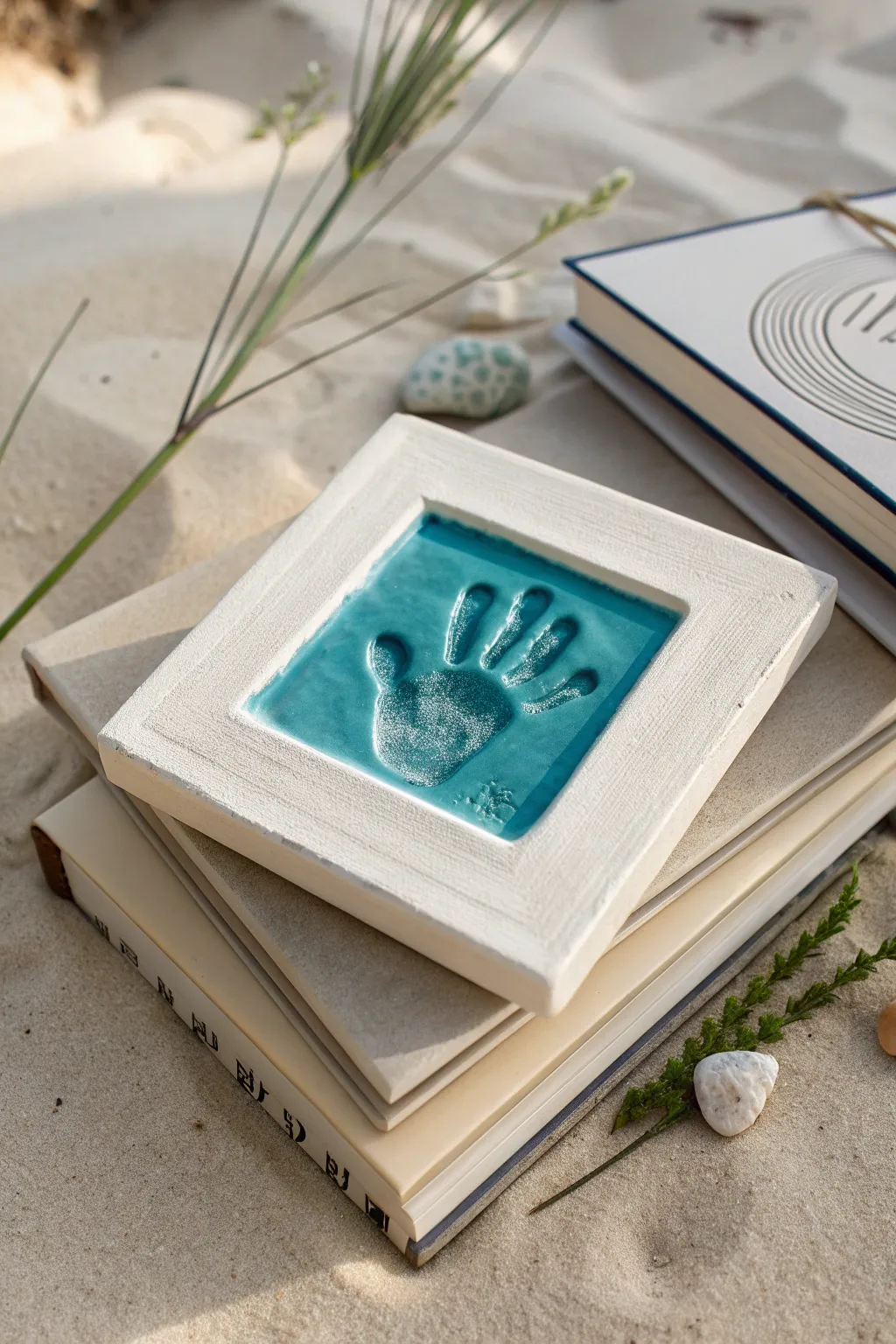 Handprint impression tile in matte ivory and deep teal, a simple nursery keepsake with modern calm.