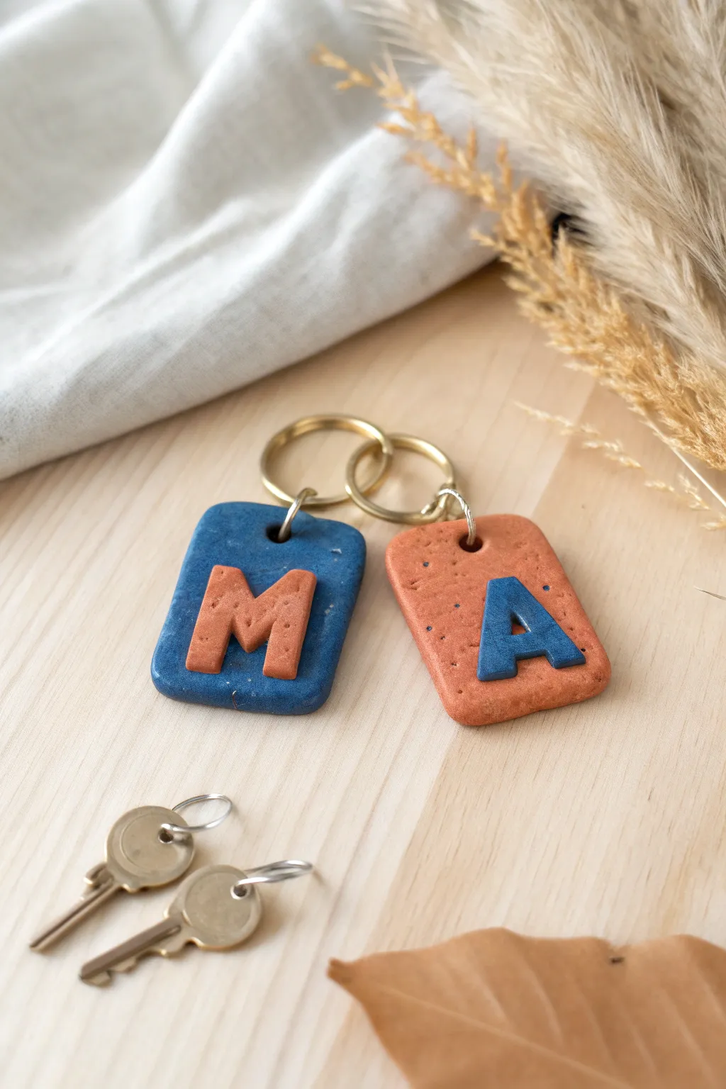 Minimalist oven-bake clay keychain with bold initial charms, ready to personalize your everyday keys.