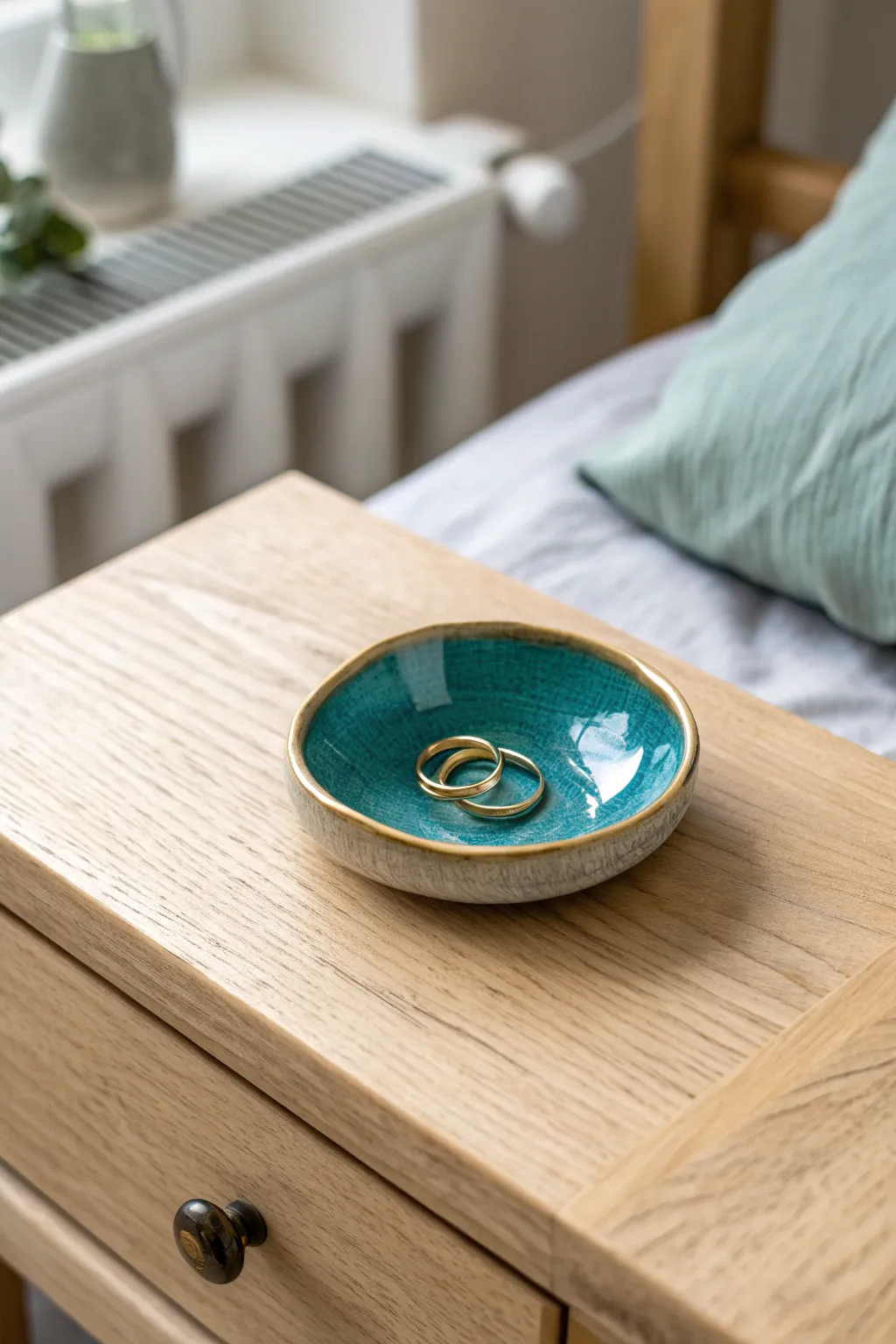 Glossy teal thumbprint ring dish, a simple clay idea that elevates any bedside table.