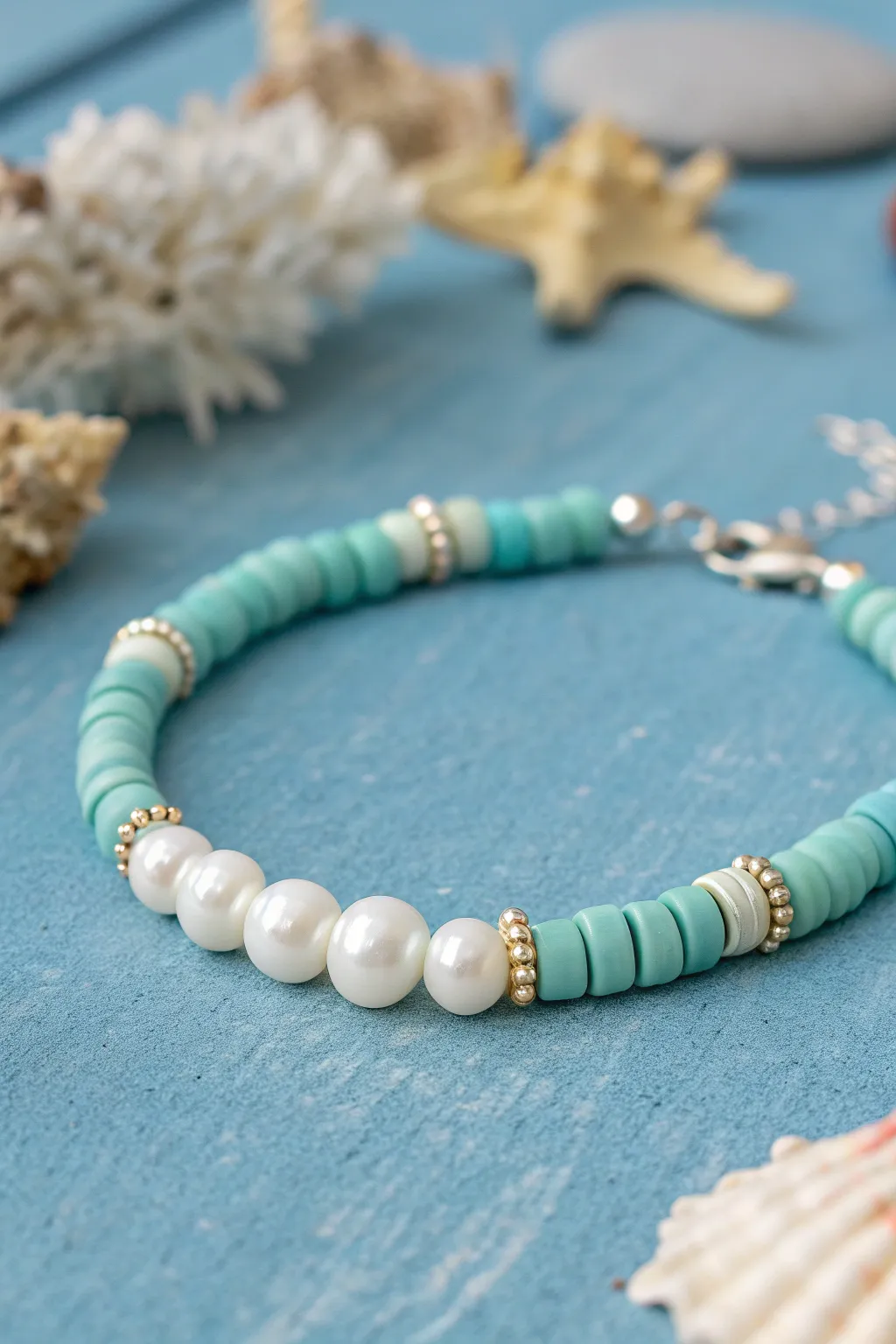Pearls and seafoam clay heishi beads for an easy mermaid inspired beach bracelet.