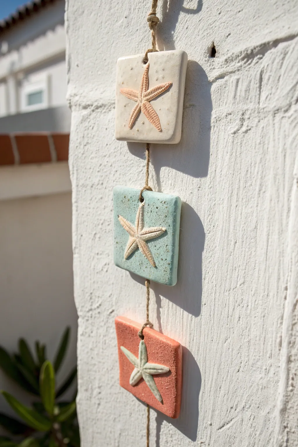 Beachy DIY starfish tile wall hanging in soft coastal colors, simple handmade charm