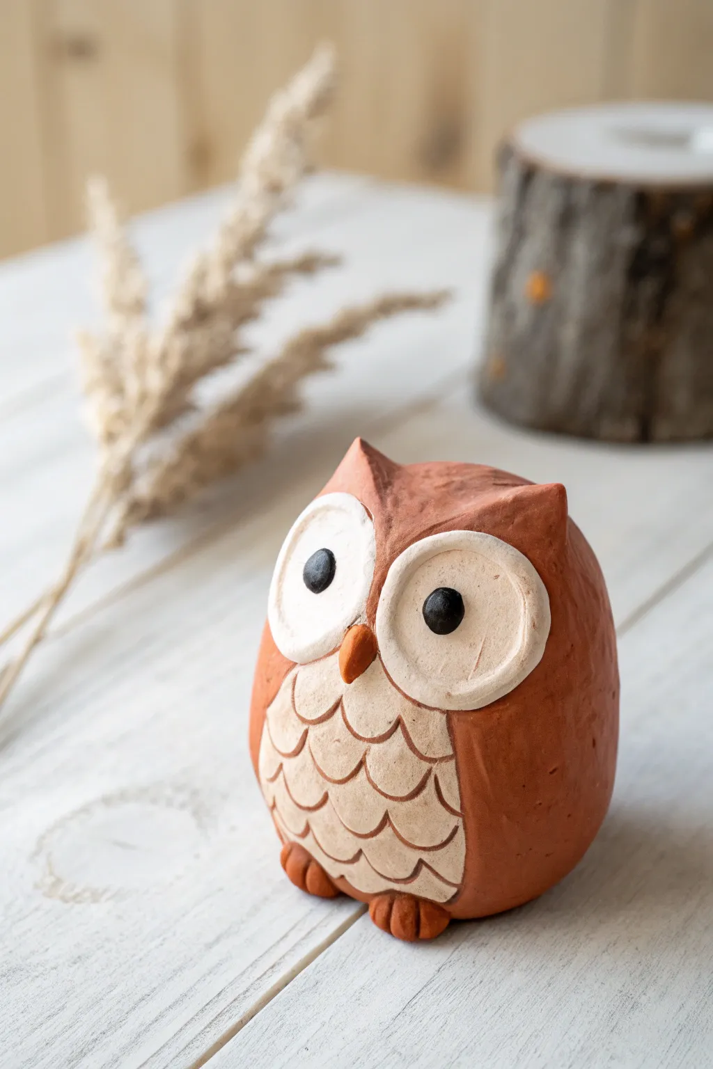 Minimalist dot-eyed clay owl in bold color, perfect beginner Model Magic project.