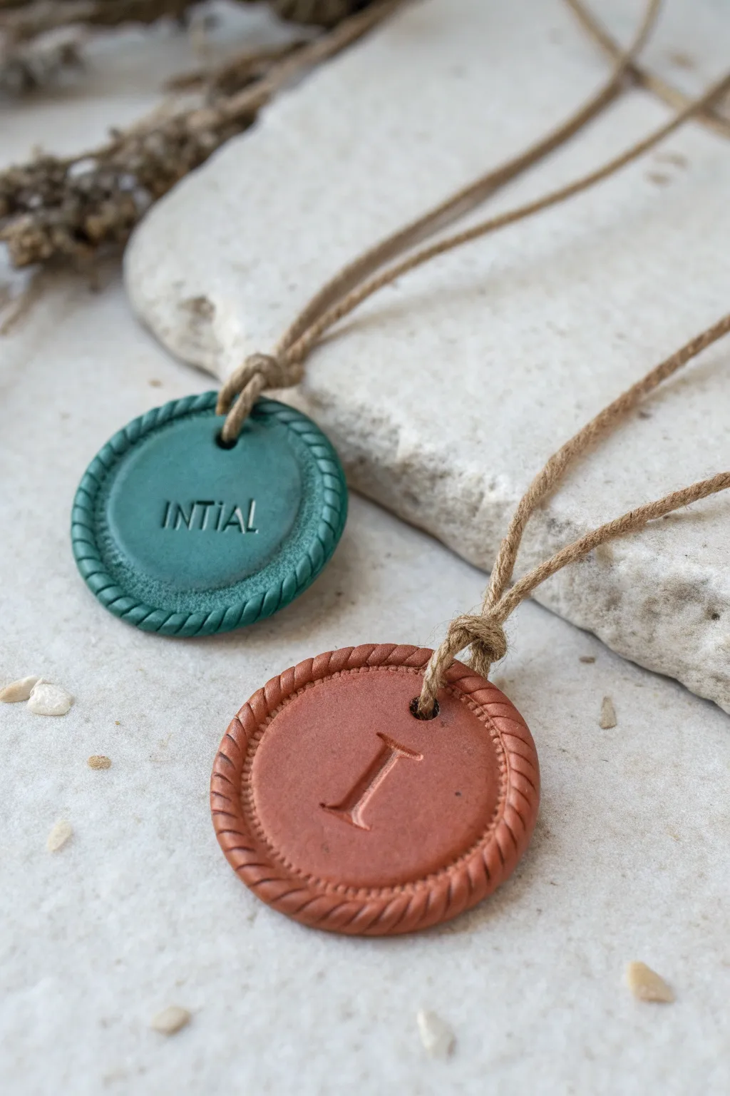 Best friend stamped-initial clay coin necklaces, minimal Scandinavian style with a boho touch.