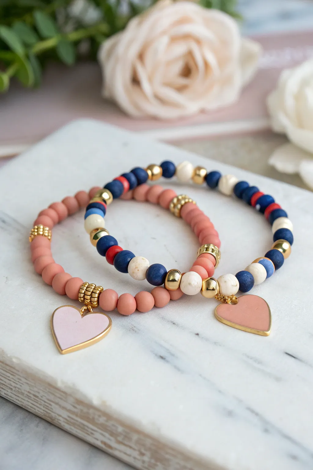 Half-heart BFF clay bead bracelet pair in bold boho colors, minimalist set that completes the heart