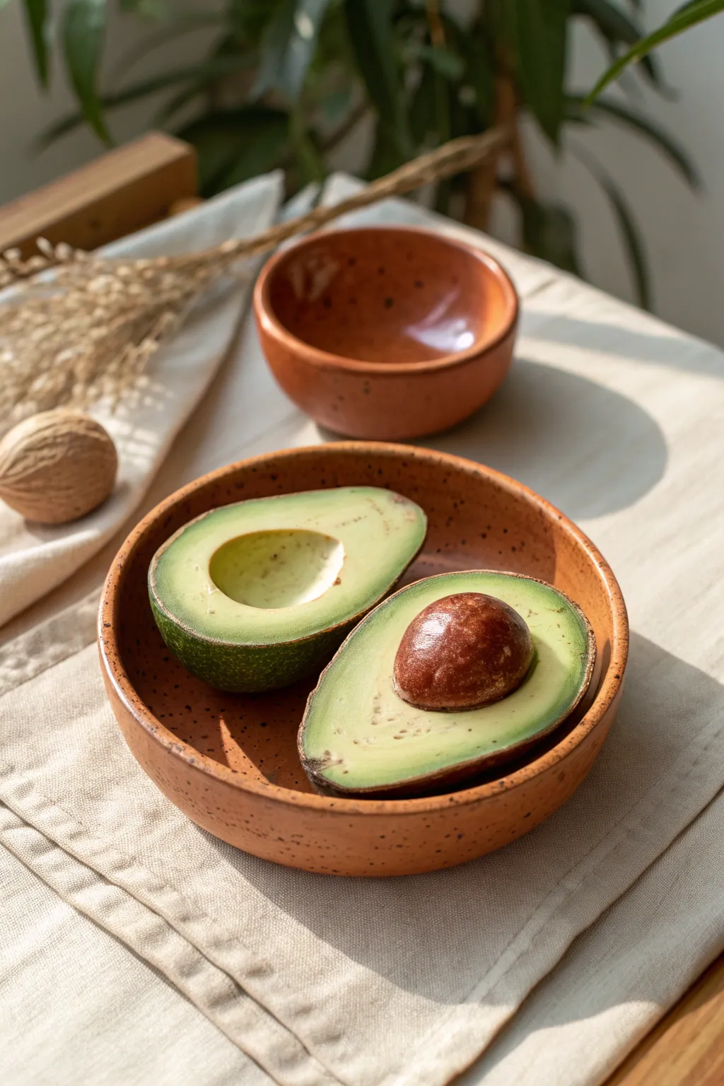 Clay avocado BFF set: two snug halves with pit and indentation, bold green, minimalist boho vibe.