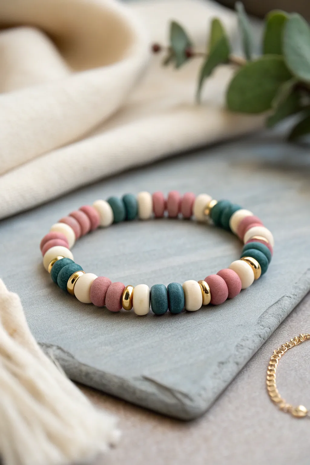 Gold spacer Birthday Glam bracelet in bold clay beads, Scandinavian minimal with a boho glow