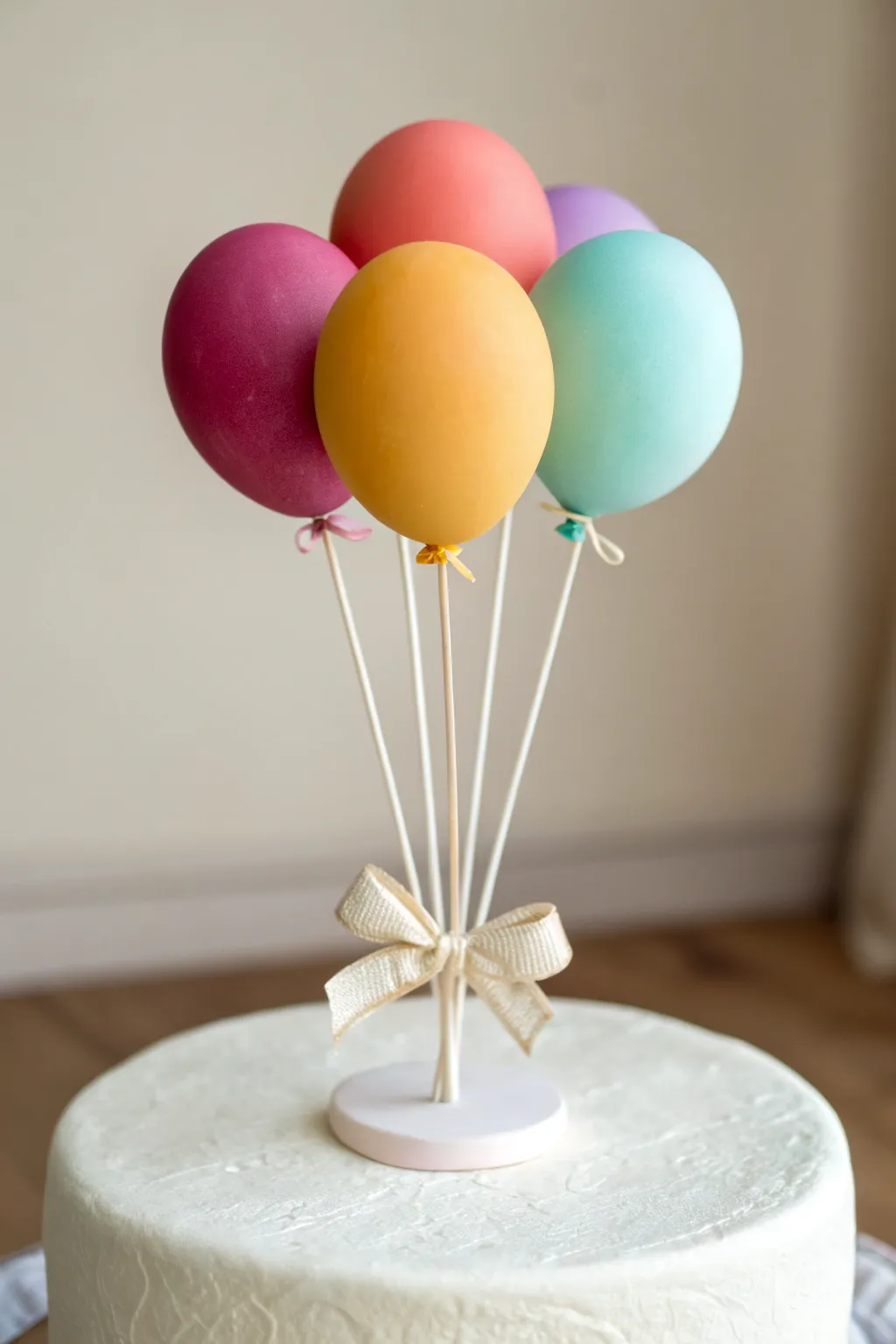 Bright clay balloon bouquet cake topper, minimalist yet playful and perfect for birthdays.