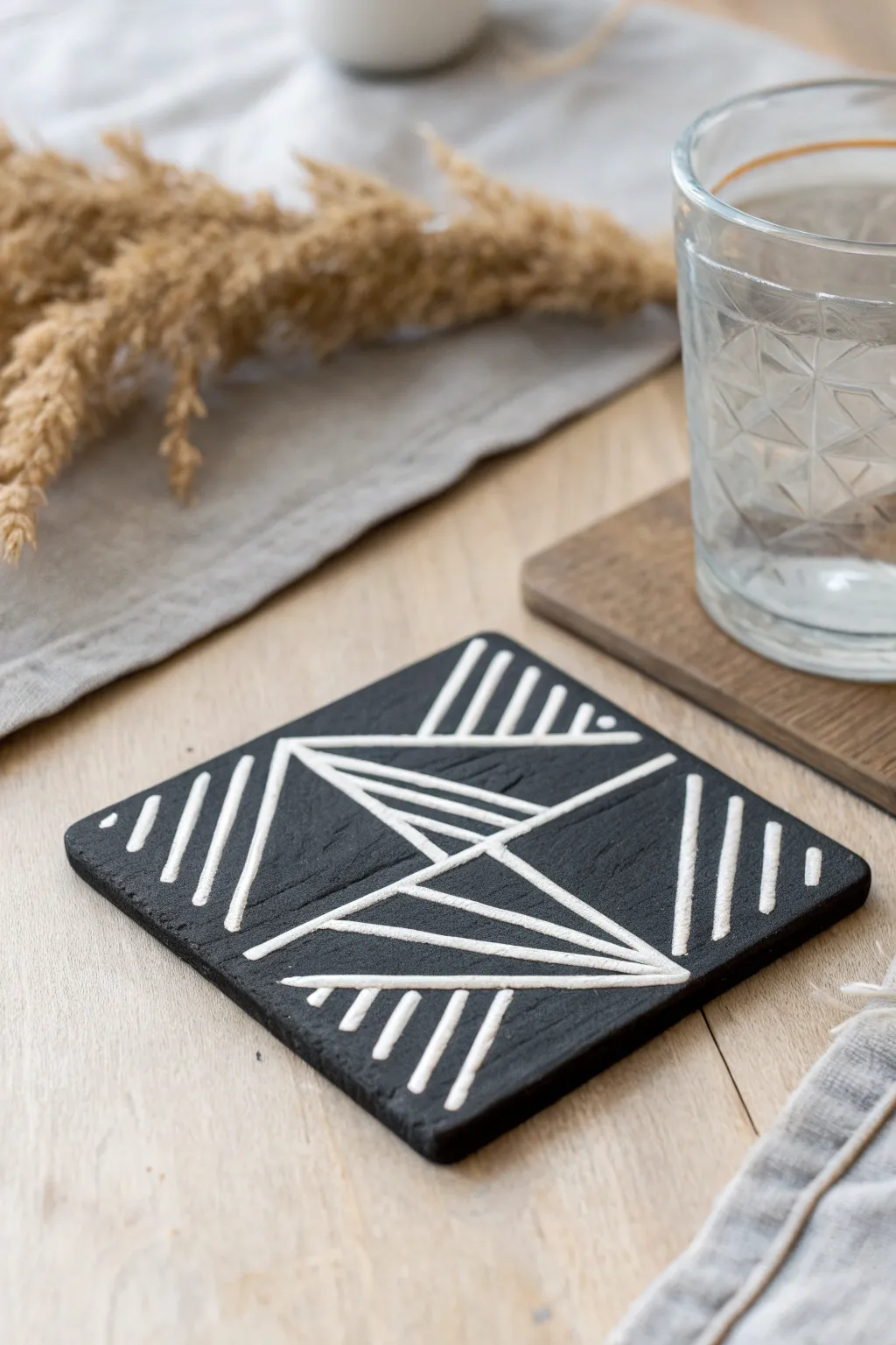 Geometric black clay coaster with crisp white inlay, minimal styling, bold contrast, DIY-friendly.