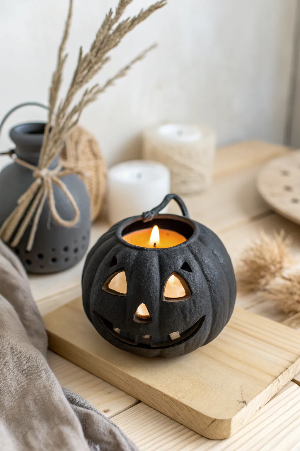 Matte black clay pumpkin lantern with warm tealight glow, minimalist boho Halloween decor.