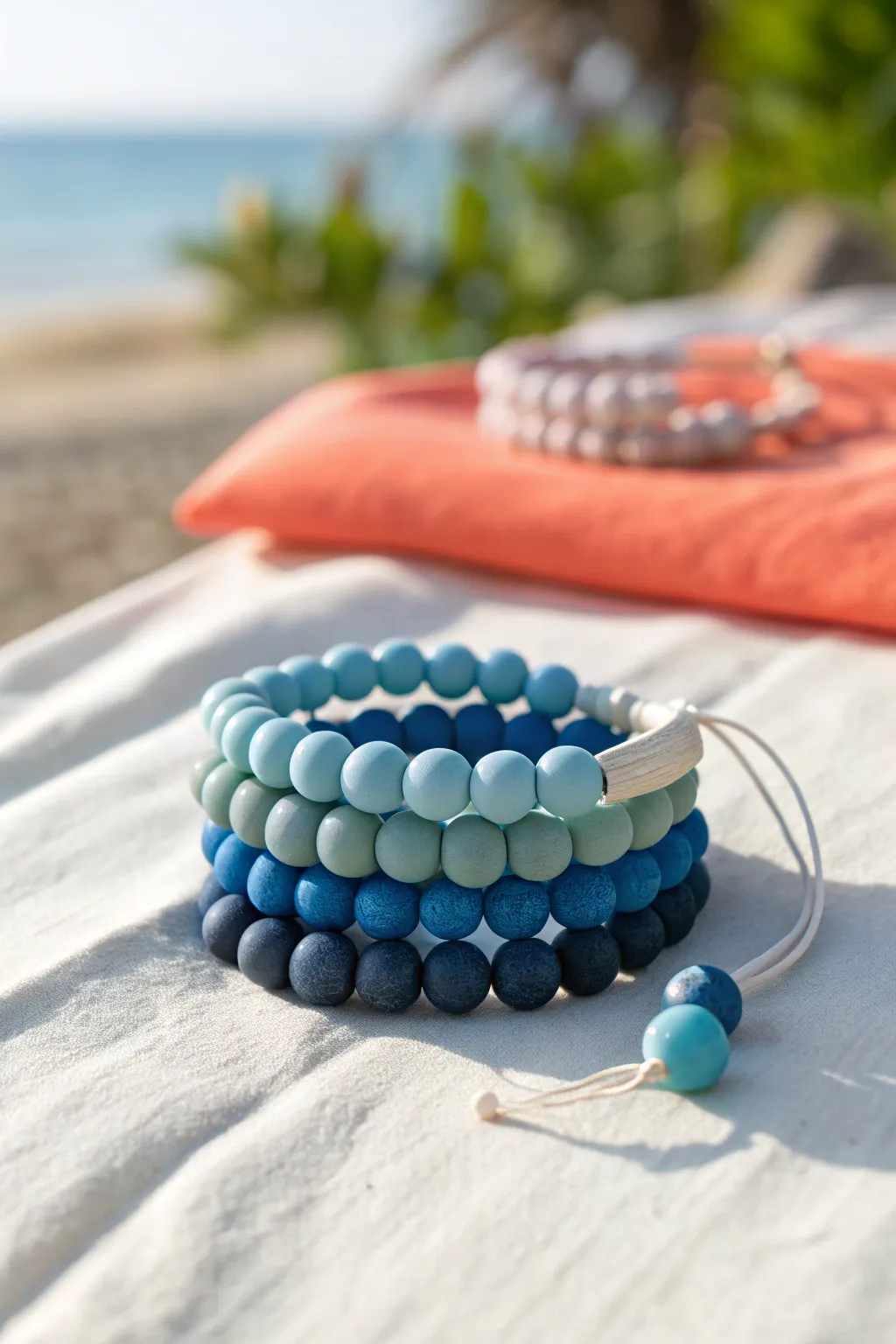 Blue ombre clay bead bracelet stack from sky to navy for a fresh, minimalist summer look.