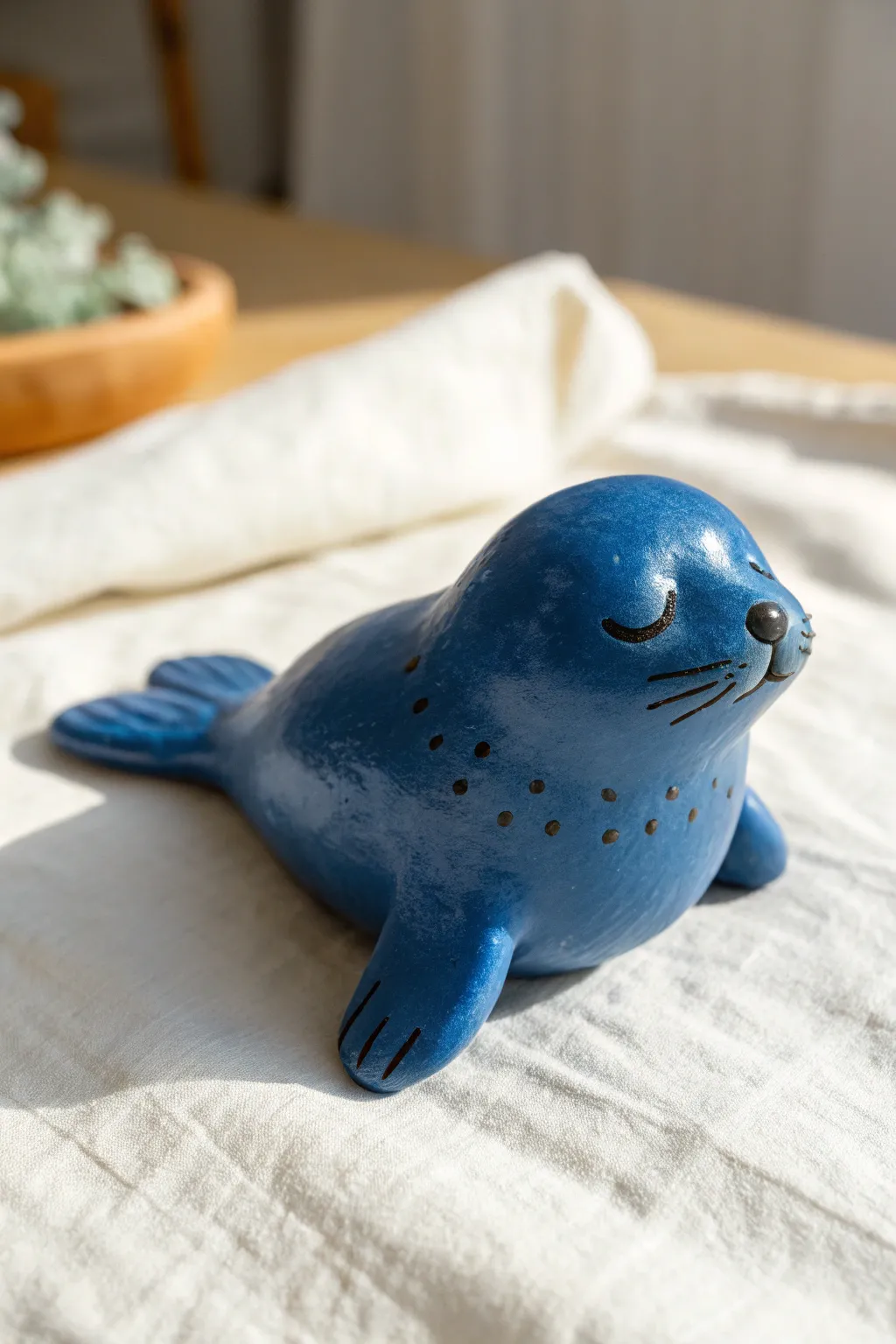 Sleepy blue seal figurine with cozy curves, Nordic minimal style, bold ocean-blue glaze.
