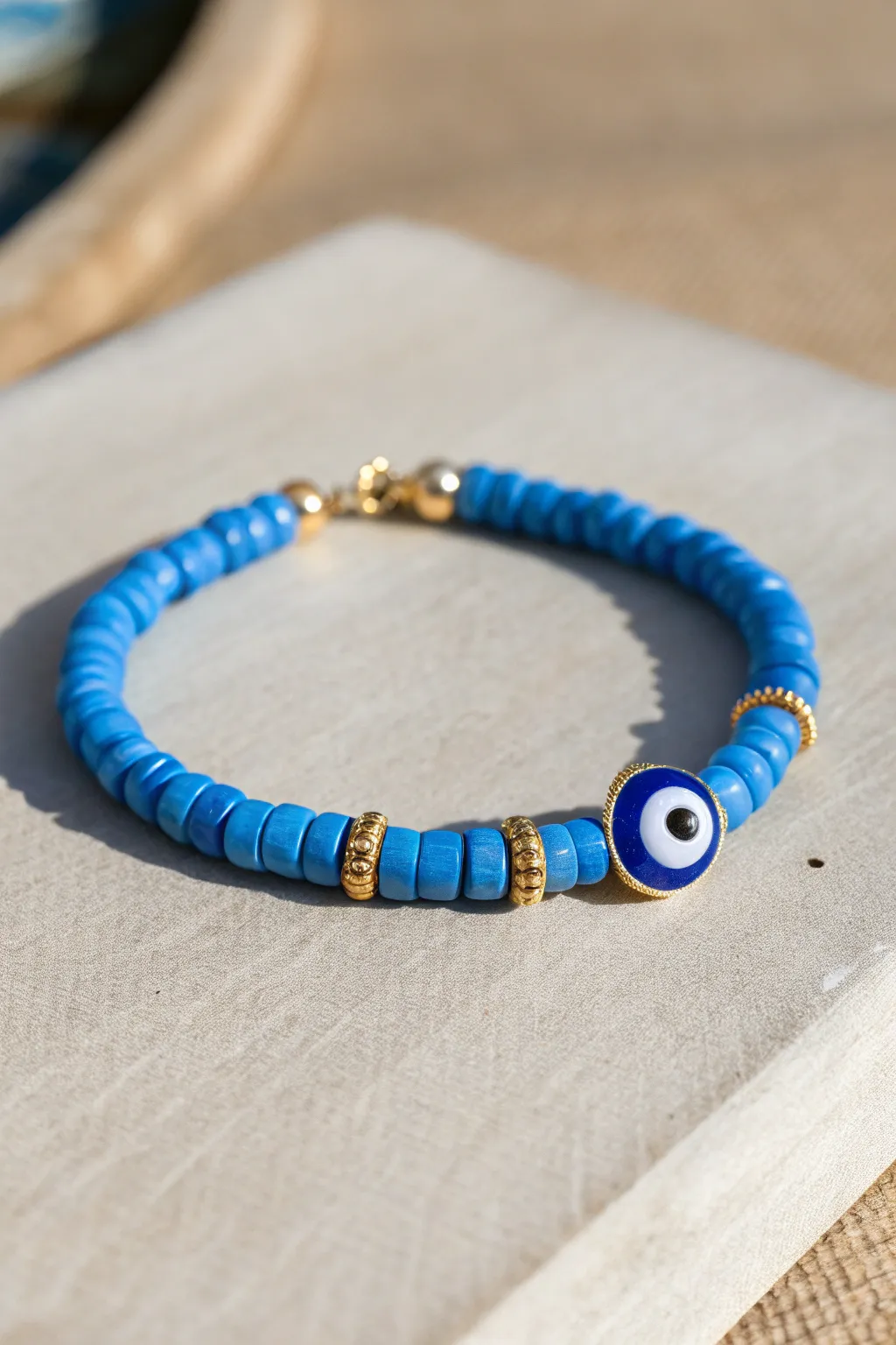 Blue heishi bracelet with evil eye focal and gold spacers for a calm, preppy pop.