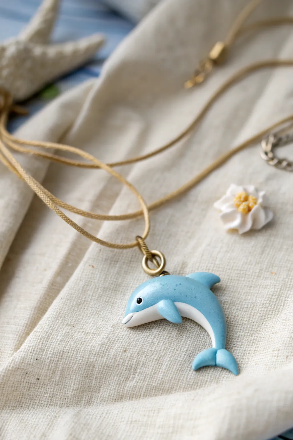 Baby blue dolphin polymer clay pendant on linen, simple handmade charm with a clean boho feel.