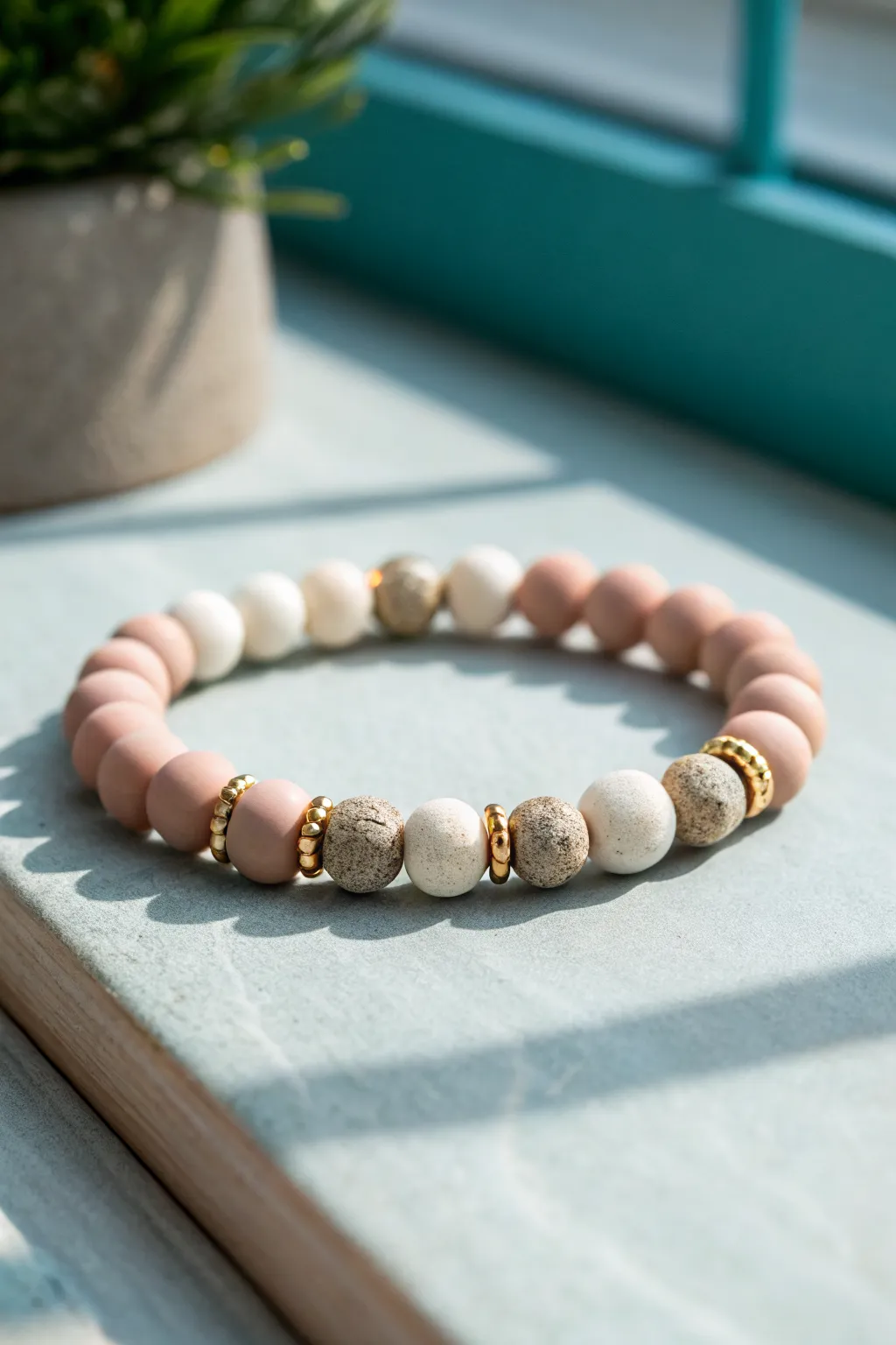 Neutral clay beads and tiny gold spacers add a soft glow to this minimalist boho bracelet.