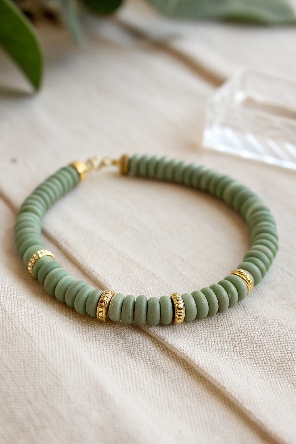Monochrome sage heishi bracelet with one bold gold spacer, minimalist and handmade.