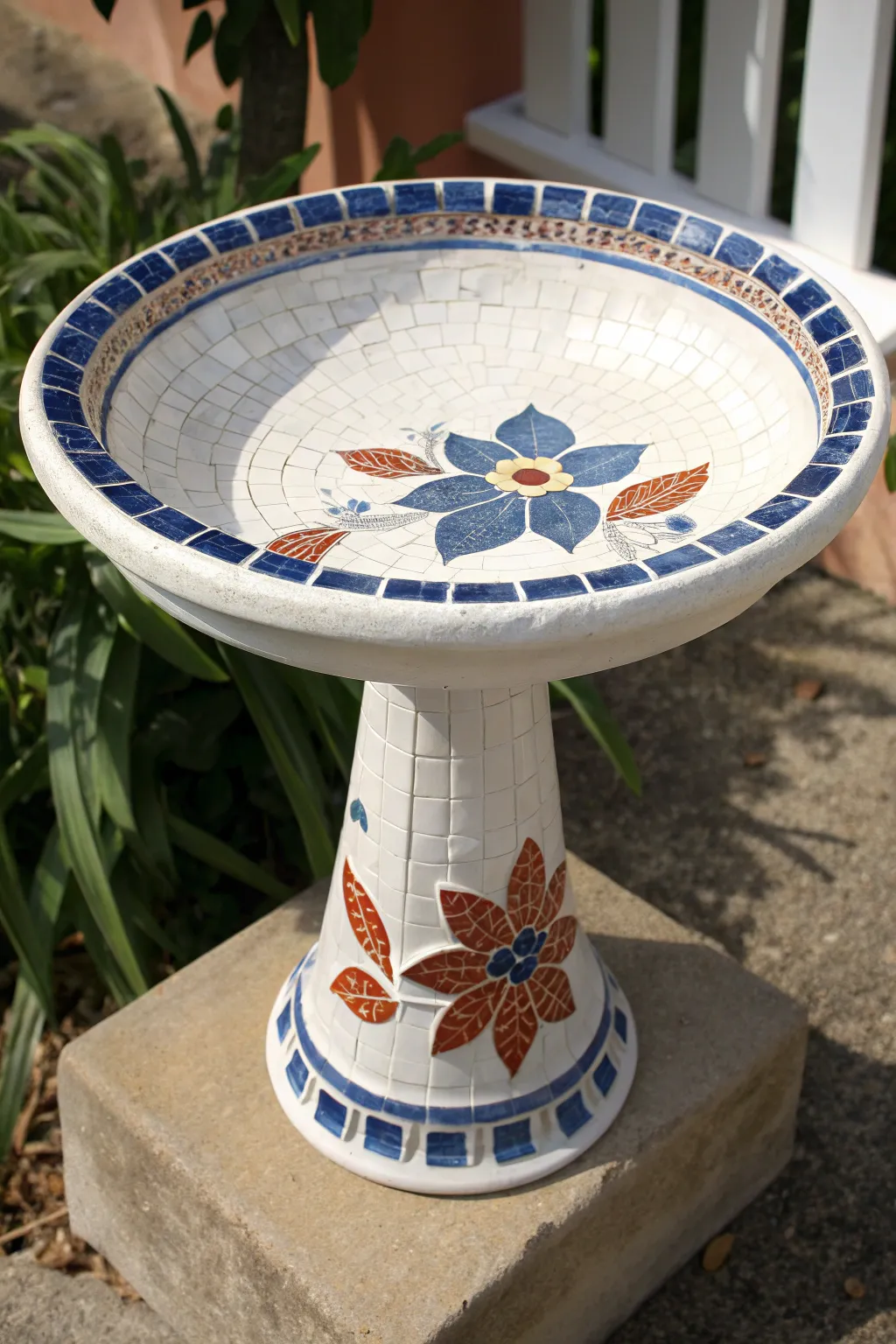 Pique assiette birdbath bowl with bold broken china details, minimalist outdoor styling