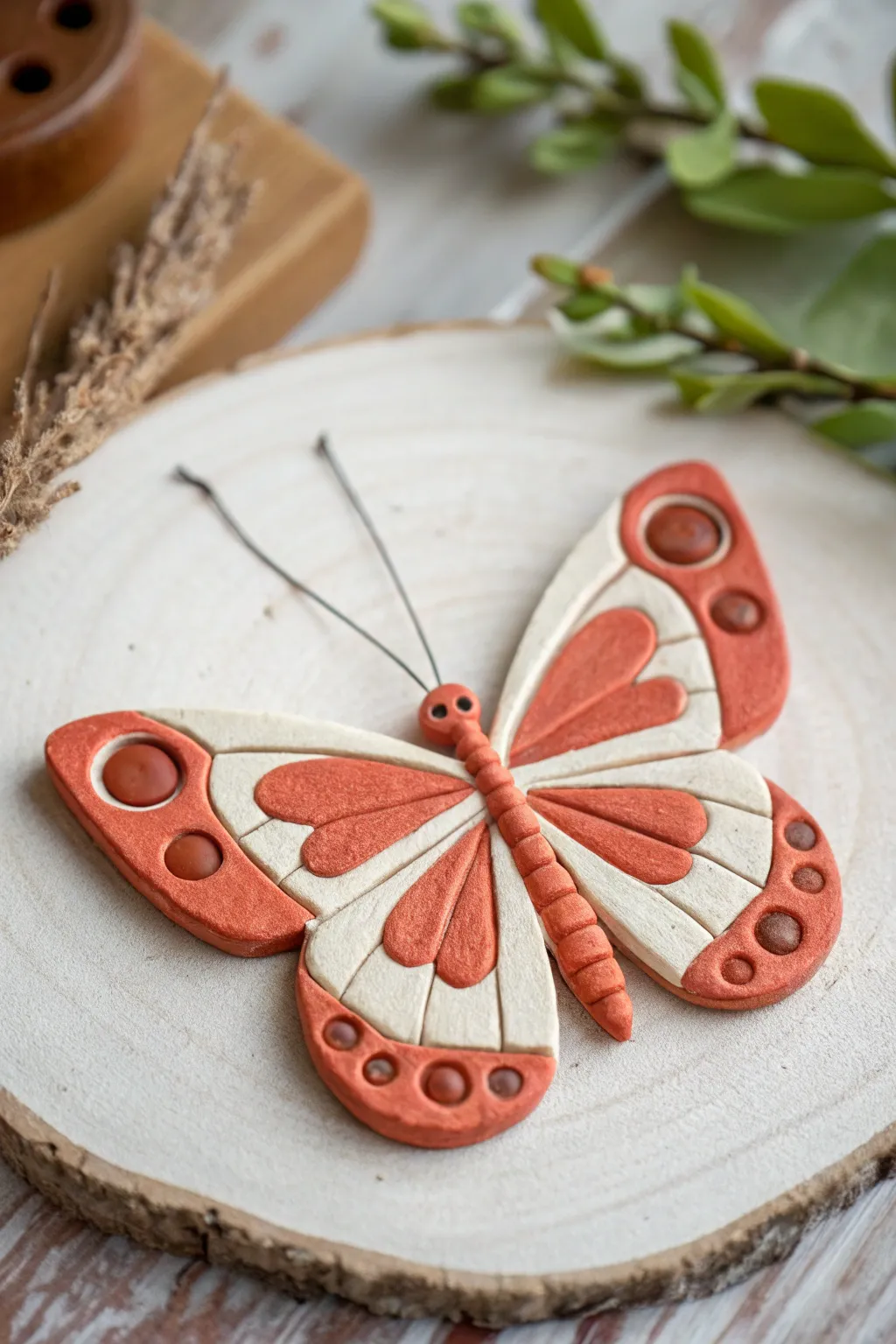 Simple clay butterfly from teardrops and circles, bold color on a clean minimalist backdrop