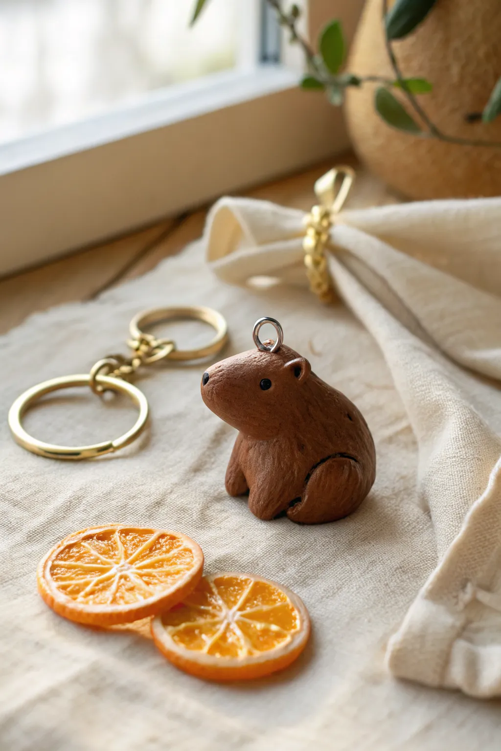 Minimalist capybara clay keychain holding a tiny orange, sweet and bold for your keys.