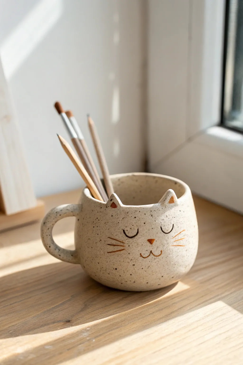 Minimal cat pinch pot cup with curled tail handle, holding brushes in soft Scandinavian light