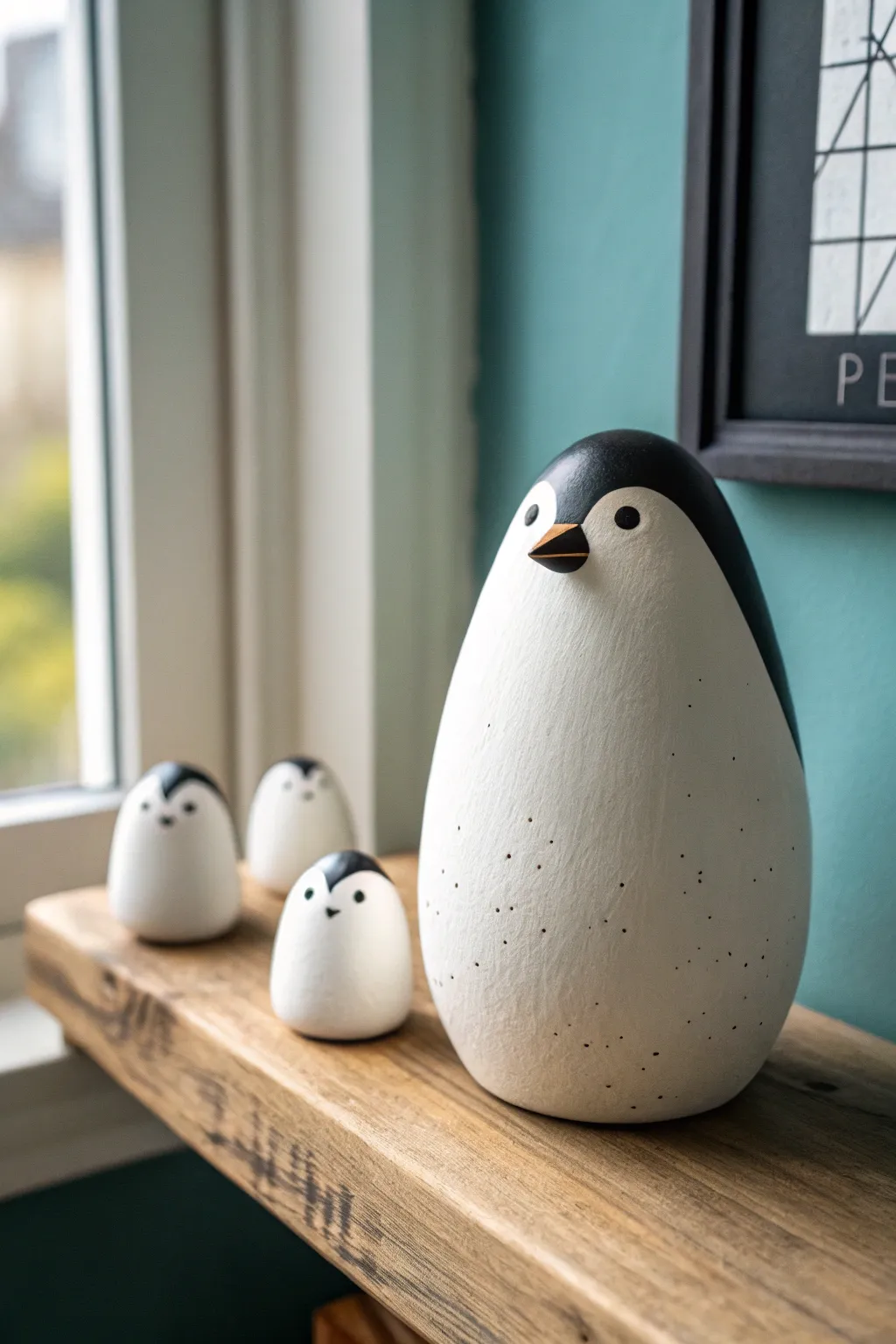 Minimal egg-shaped penguin minis with crisp black-and-white details, lined up for a modern shelf vibe.
