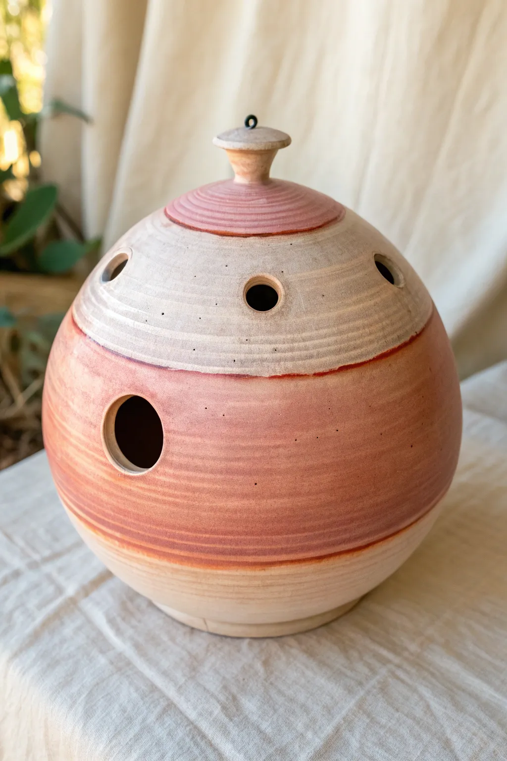 Smooth orb birdhouse with satin glaze and raised entry collar, minimalist with boho warmth