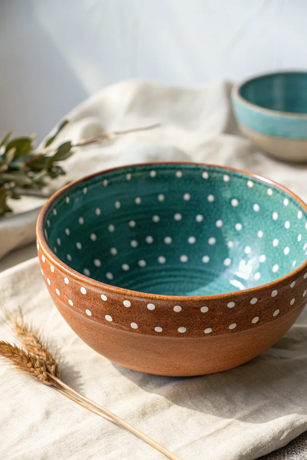 Wax resist polka dot bowl in warm terracotta with transparent teal glaze, simple and bold.