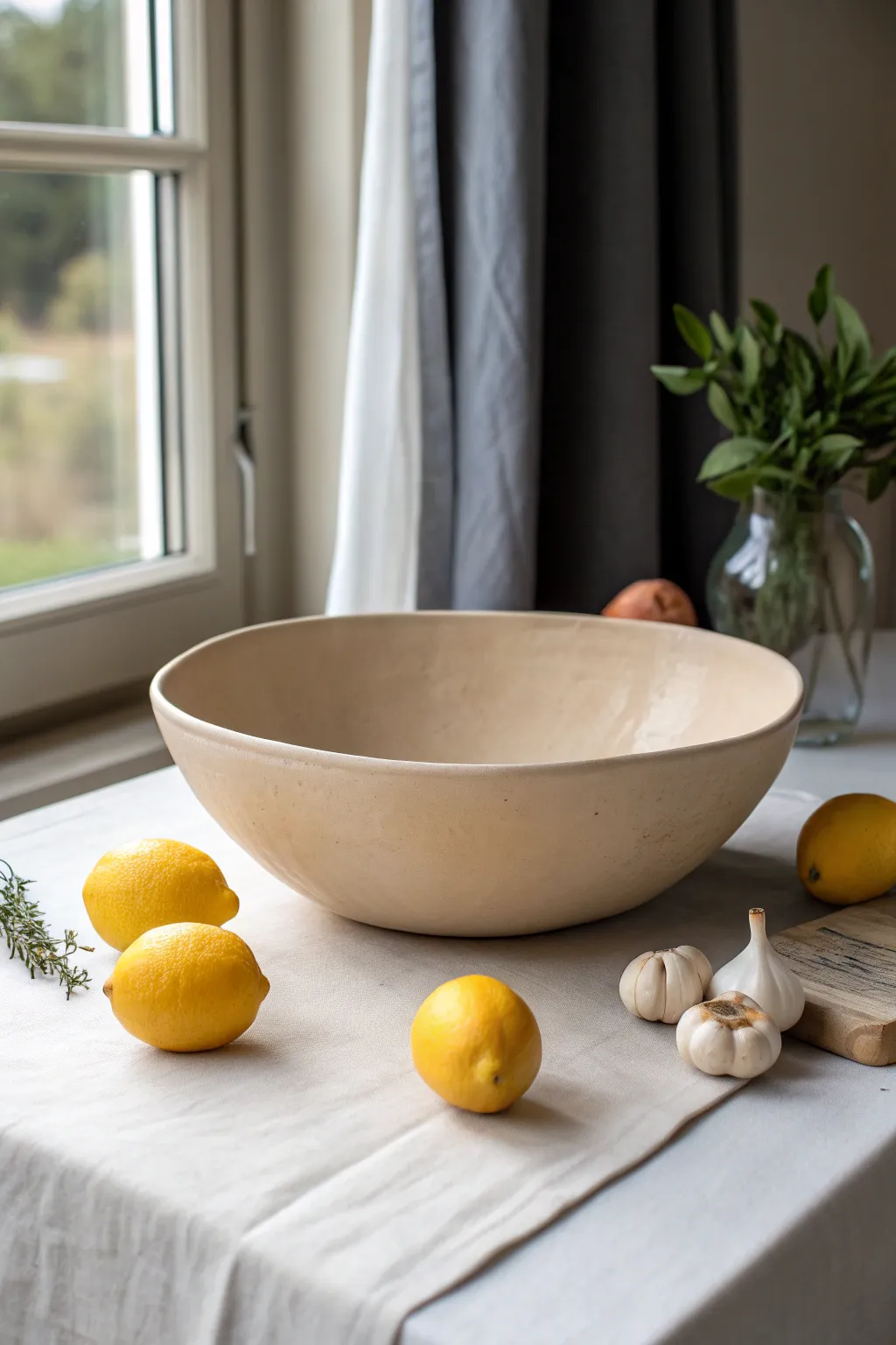 Oval serving bowl in a calm neutral glaze, styled with lemons for modern minimalist warmth.
