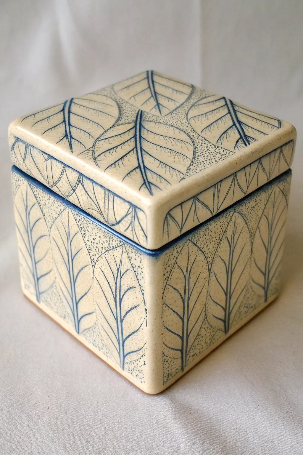 Minimal stamped ceramic box with leaf or lace texture, glazed wash highlighting every detail.
