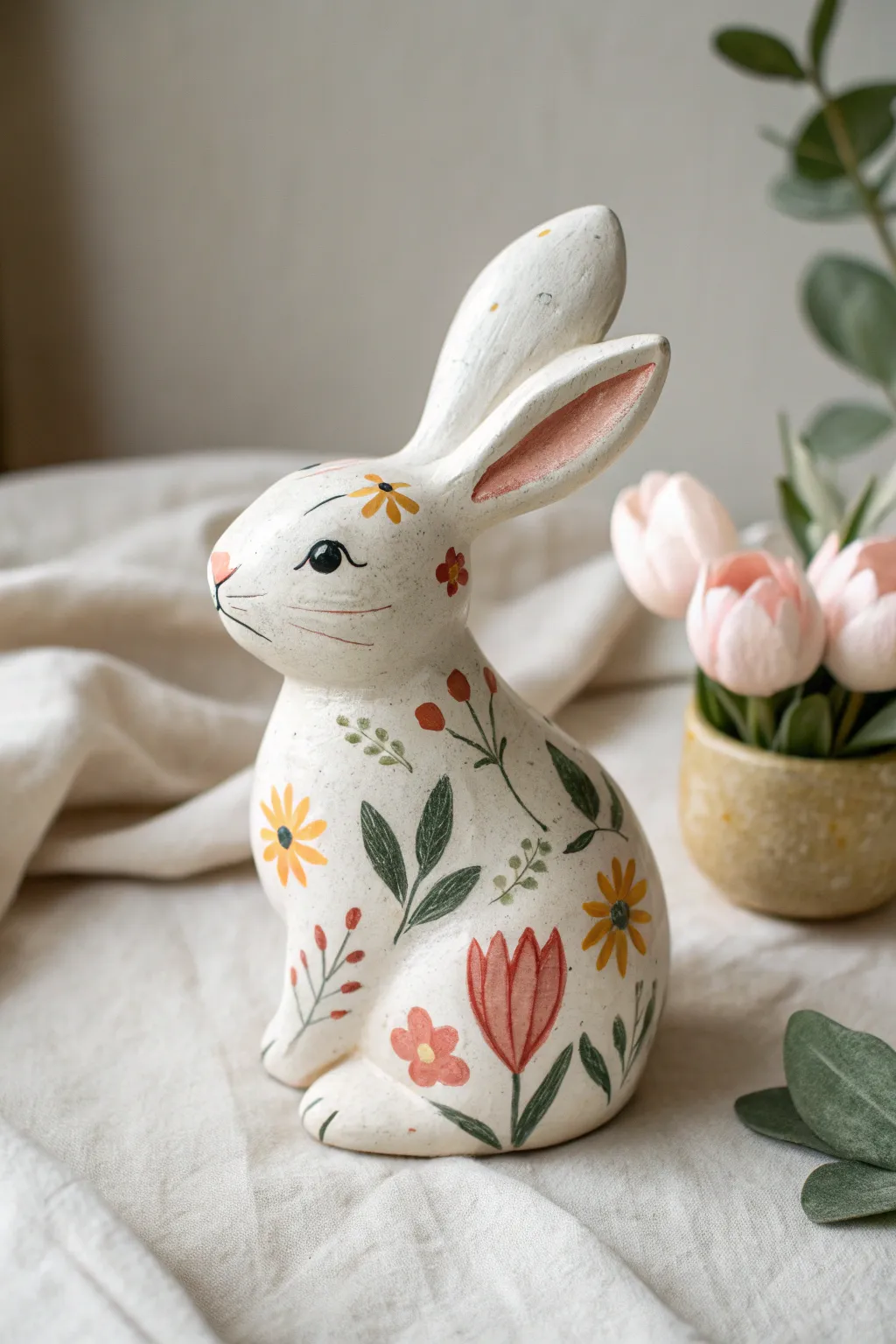 Simple floral ceramic bunny with bold boho blooms on a crisp minimalist white base