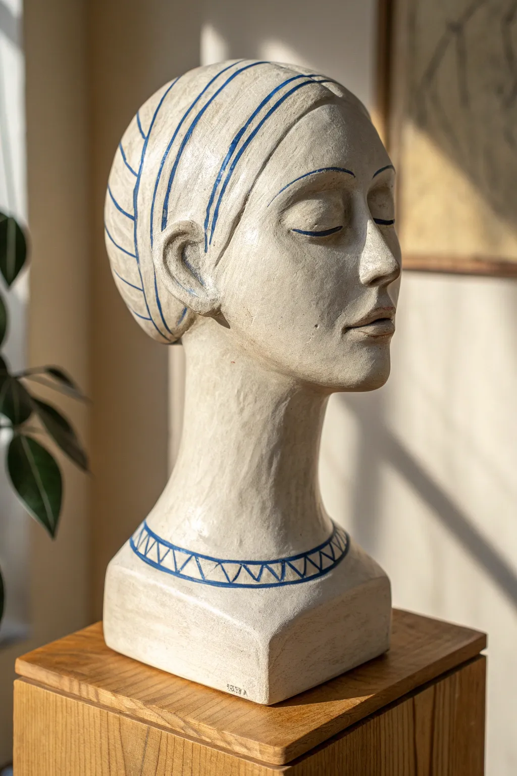Minimalist ceramic face bust with crisp incised line art in bold indigo, calm boho elegance.