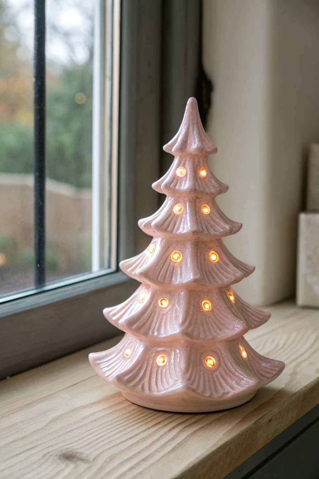 Pastel pink retro ceramic tree with clear bulbs, airy vintage charm in soft window light.