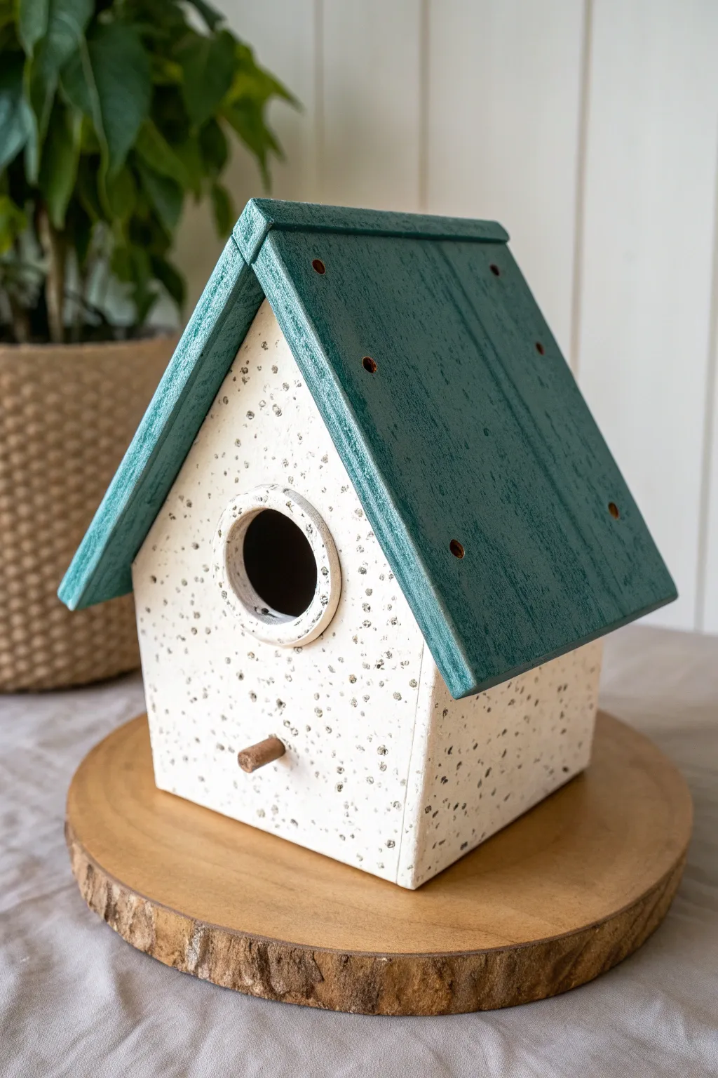 A-frame ceramic birdhouse with a lift-off roof, clean lines, bold color, and cozy minimalist charm