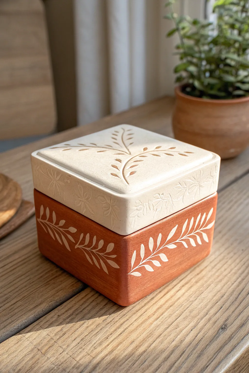 Two-tone sgraffito ceramic box with simple vine carving for a clean Scandinavian boho look.