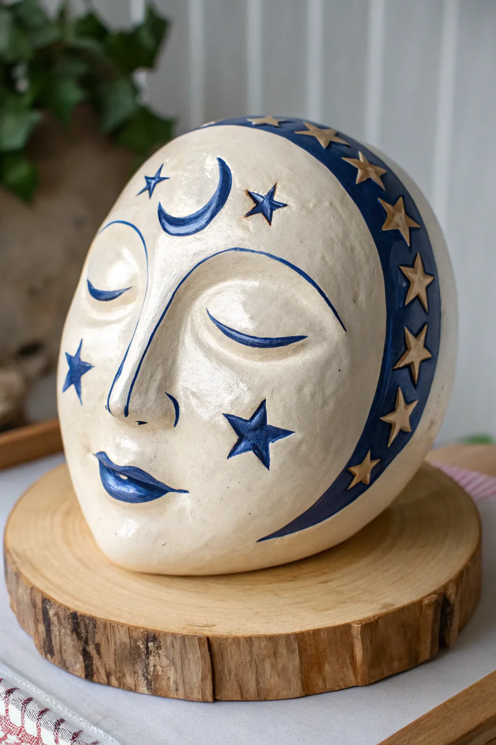 Dreamy moon-face clay mask with crescent cheeks and tiny stars, matte glaze, boho minimal vibe.