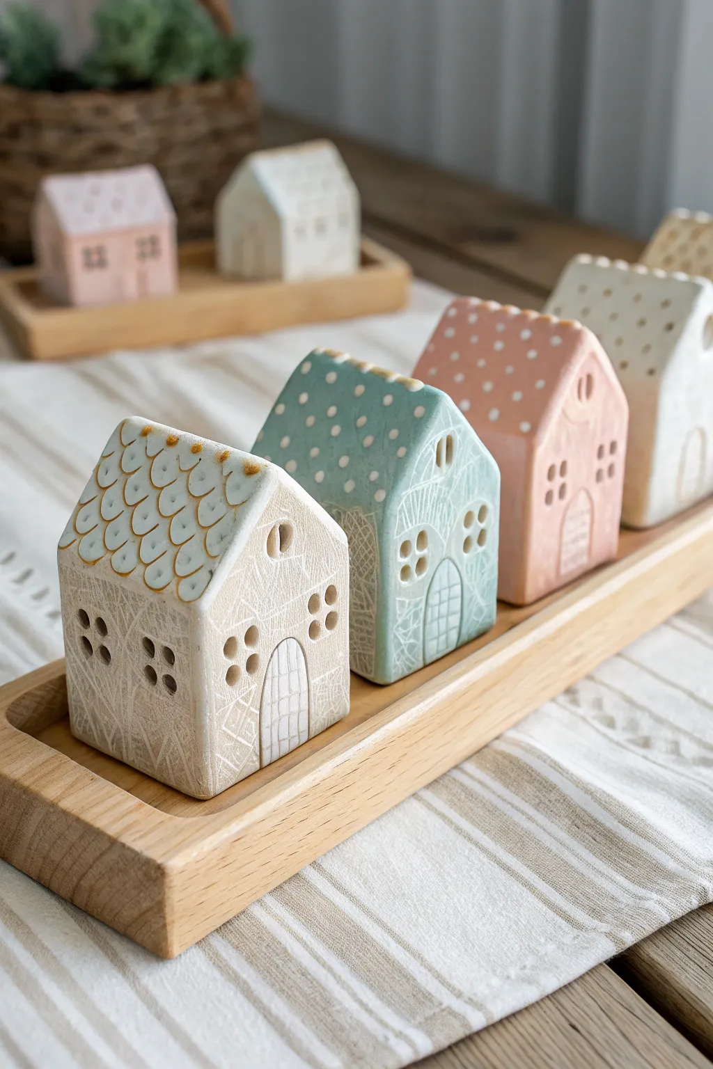 Tiny ceramic house village set on a wooden tray, minimalist hues with a bold cobalt pop