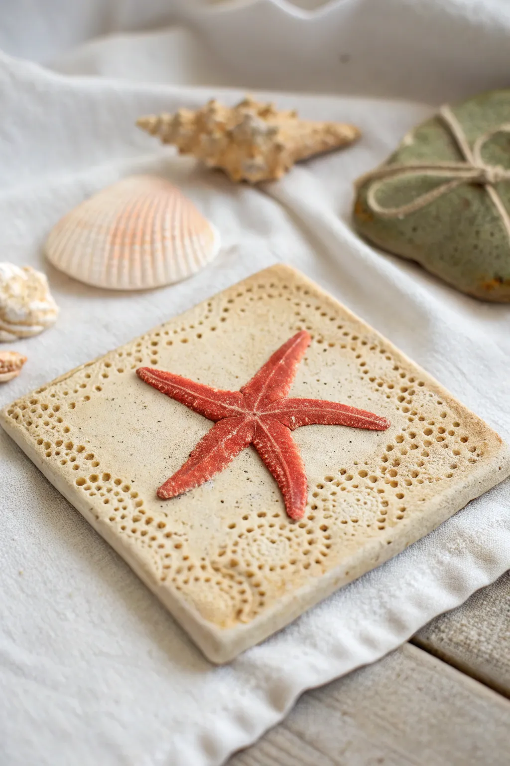 Coastal starfish relief tile with sandy dimple texture, bold coral on warm beige, minimalist boho.