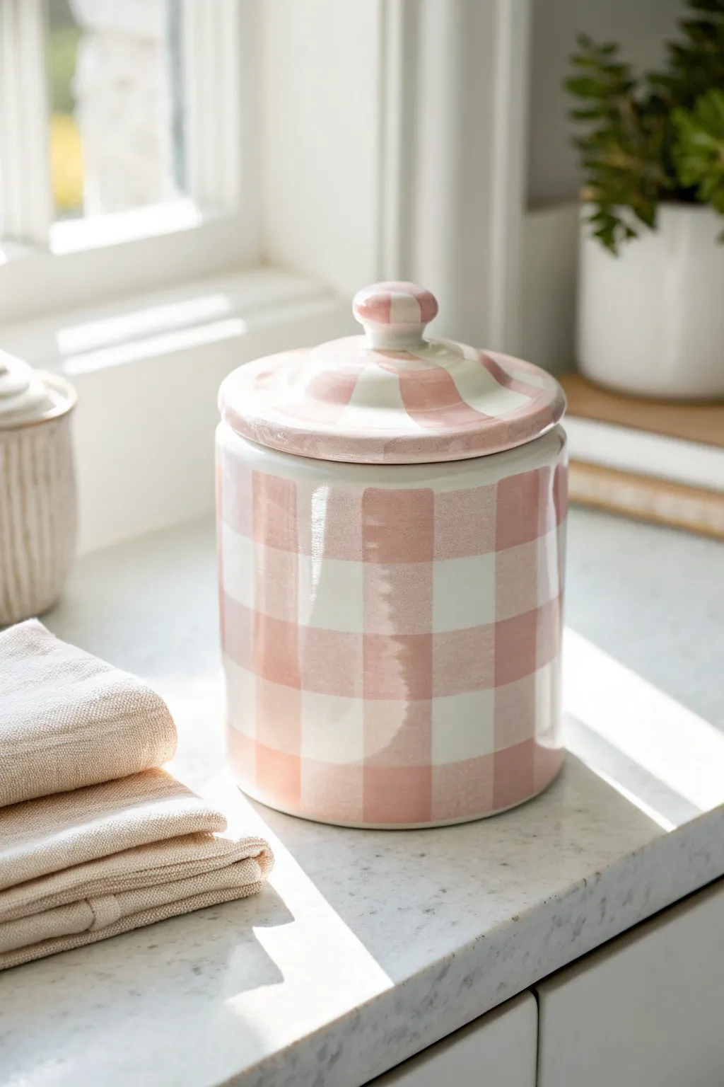 Glossy gingham-painted cookie jar in blush and cream for an easy, modern handmade look